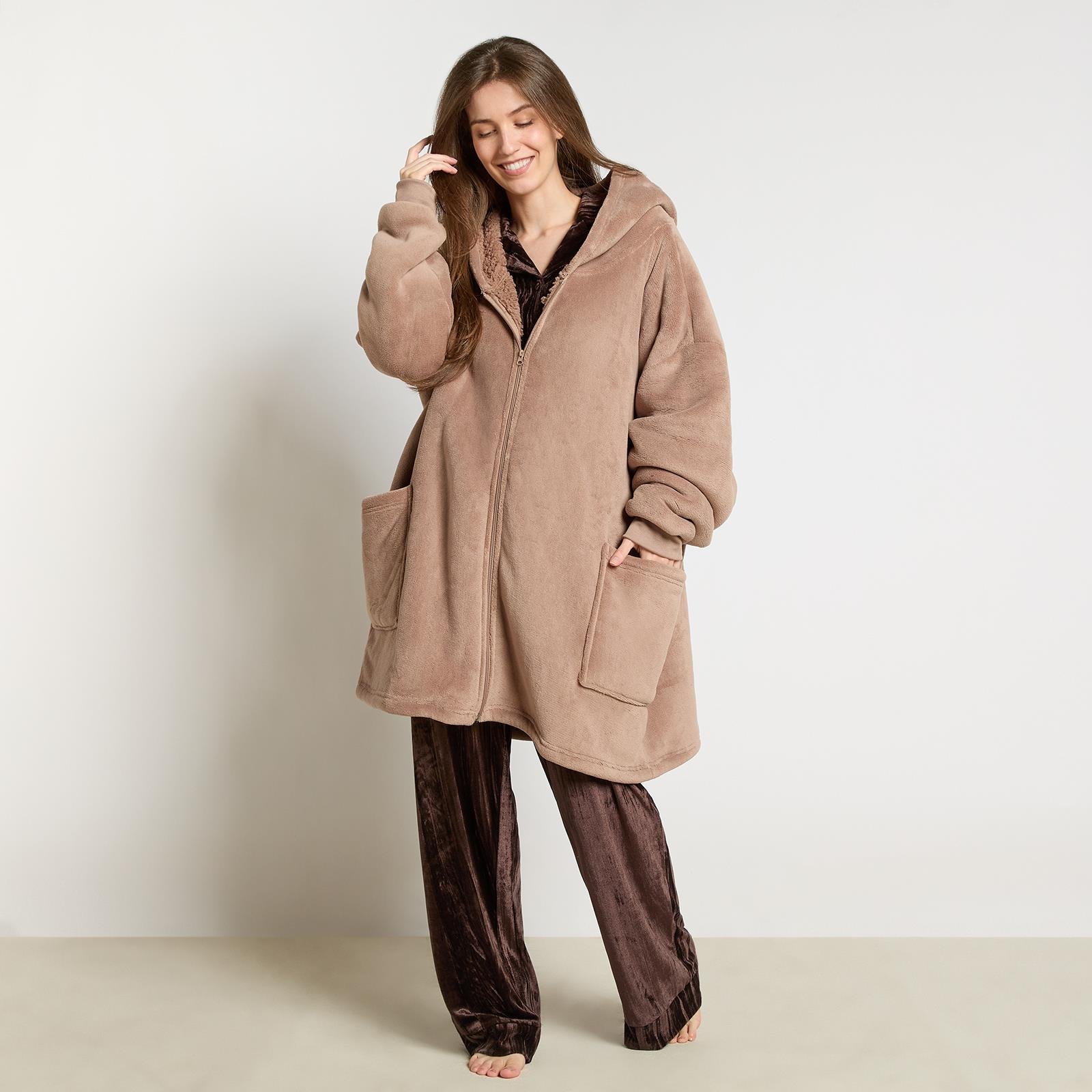OHS Plain Zipper Hoodie Blanket - One Size - Mink