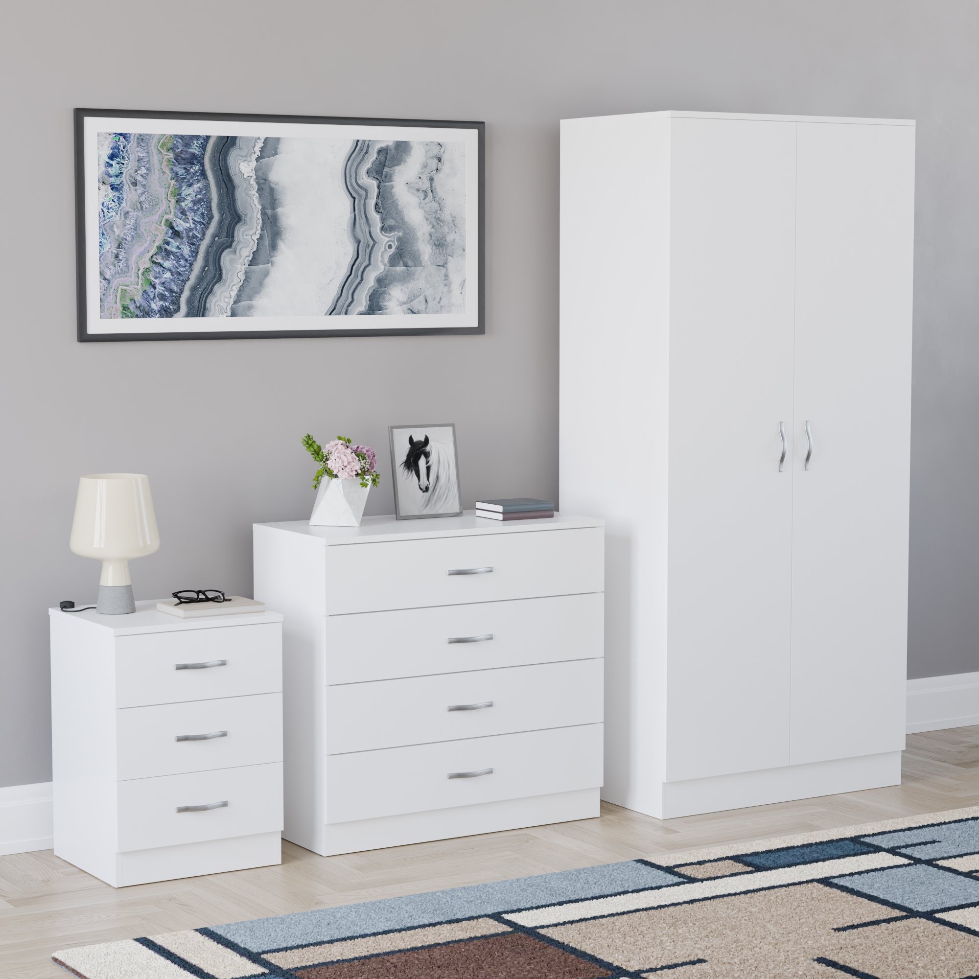 Vida Designs Riano Bedroom Set (Bedside, 4 Drawer Chest, 2 Door Wardrobe)-White