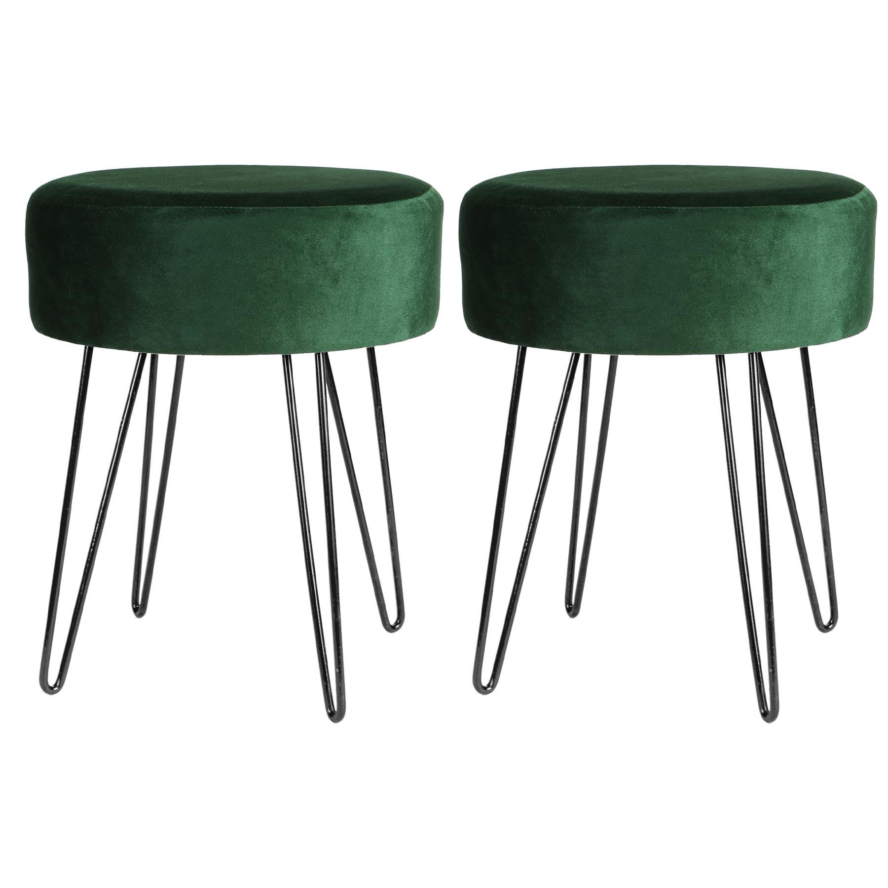 Harbour Housewares Round Velvet Footstool with Black Legs Pack of 2 - Green