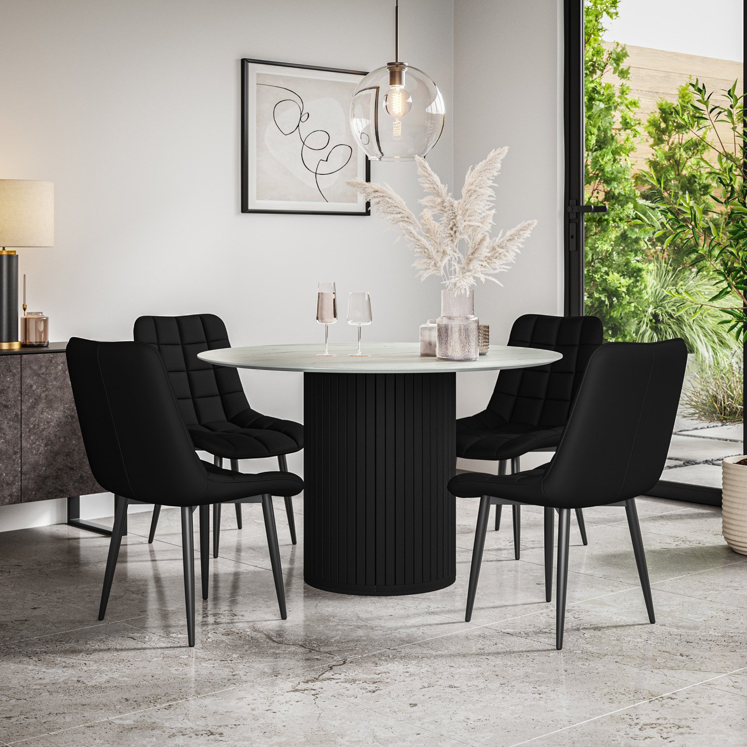 Furniture Online Arlo Nova Marble Top w Blk Legs Dining Table & 4 Black Chairs