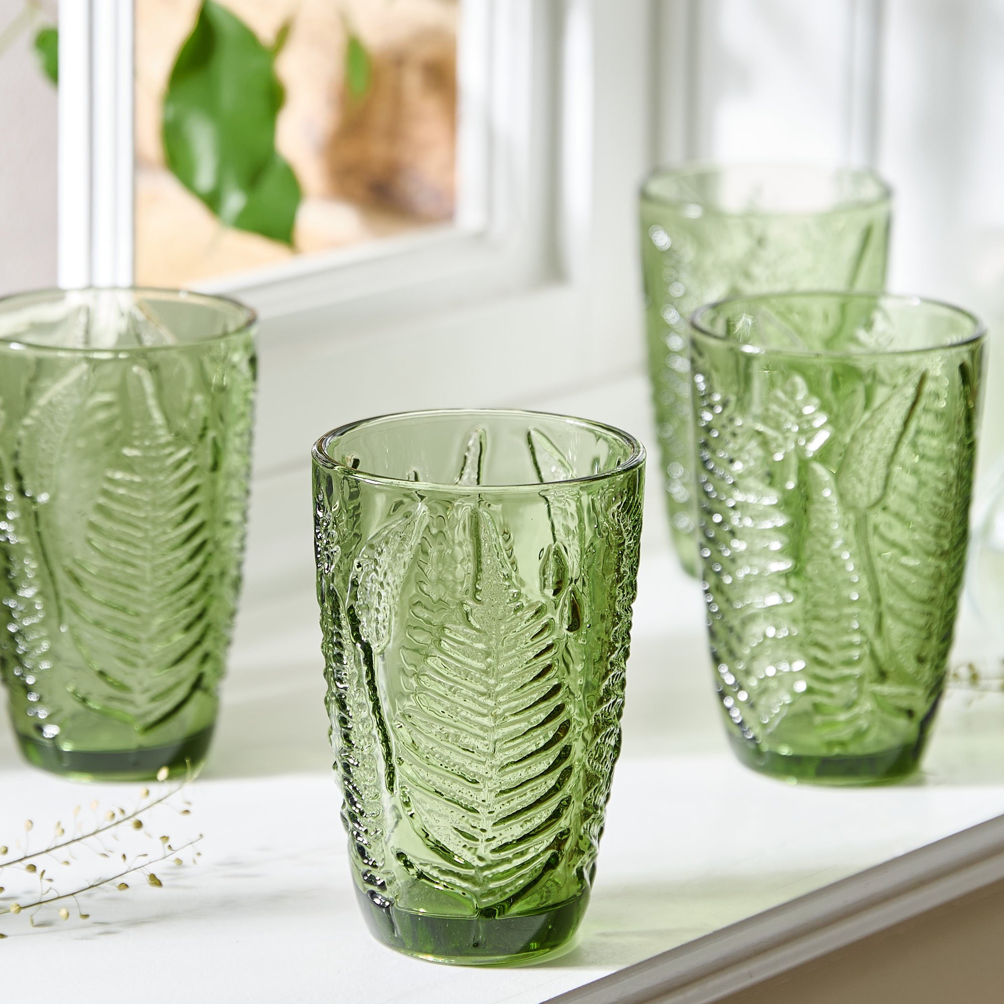 Dibor Set of 4 Green Leaf 350ml Glass Highball Glasses - Green