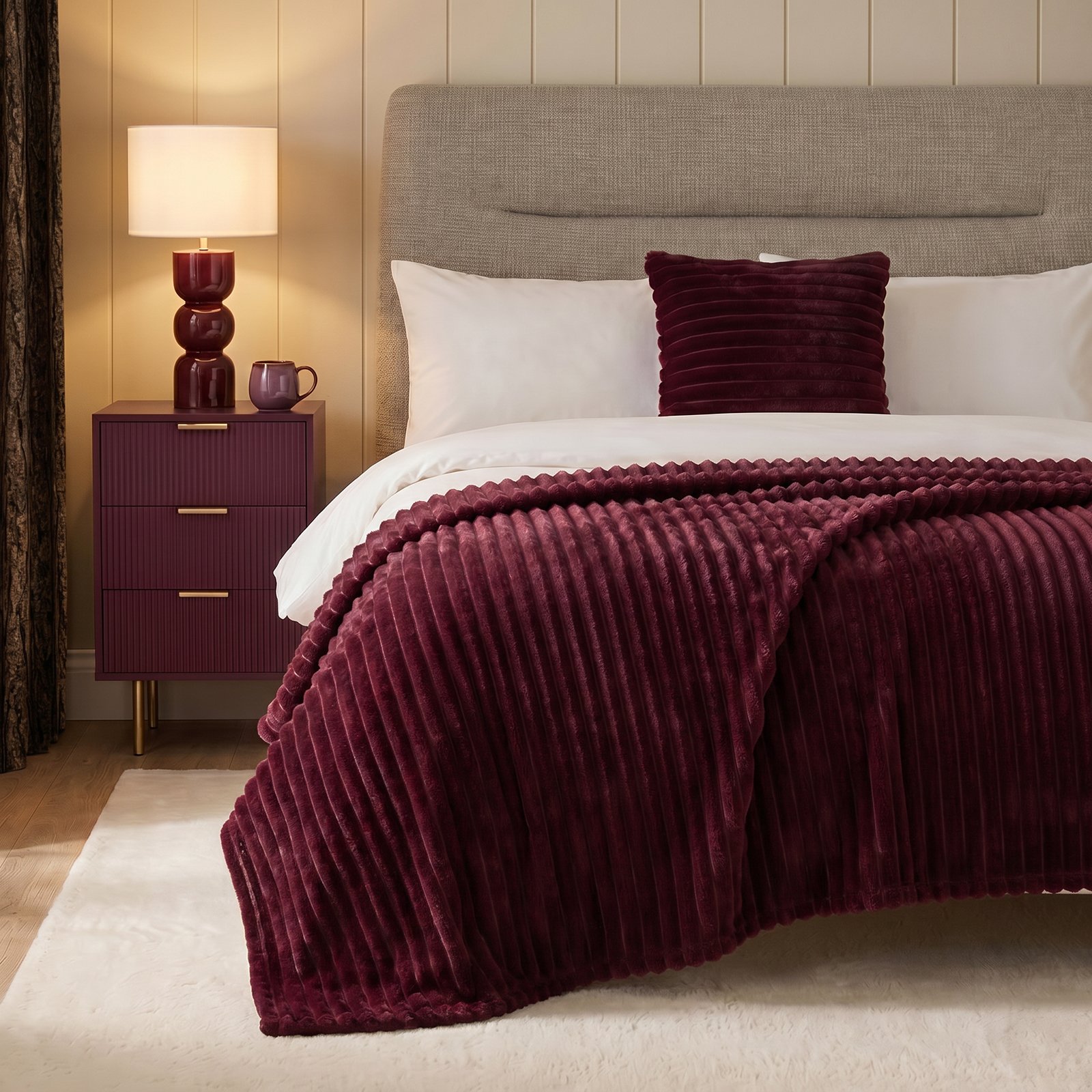OHS Faux Fur Thick Rib Blanket Throw 125 x 150cm - Burgundy