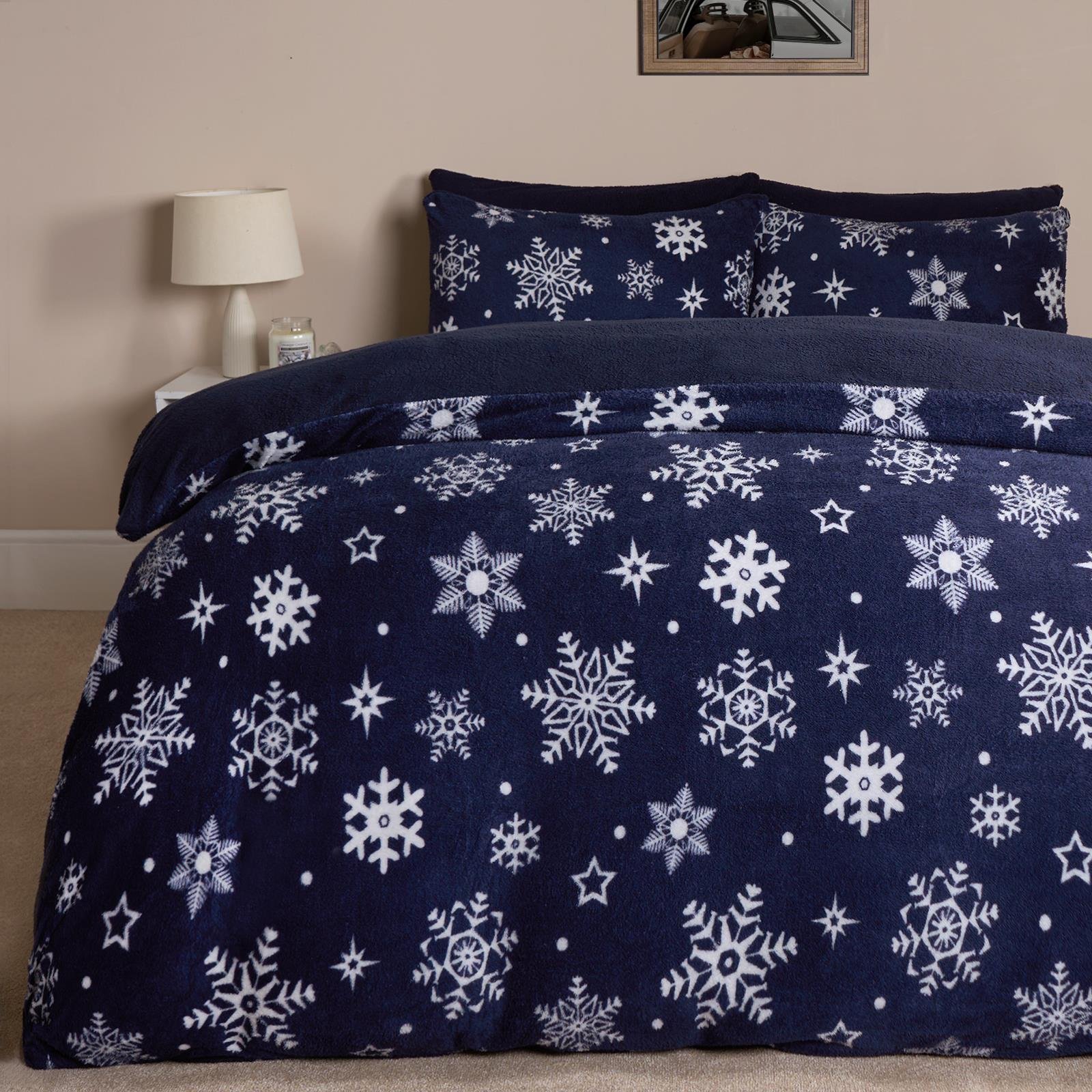 OHS Snowflake Xmas Teddy Fleece Duvet Cover Set Navy - Double