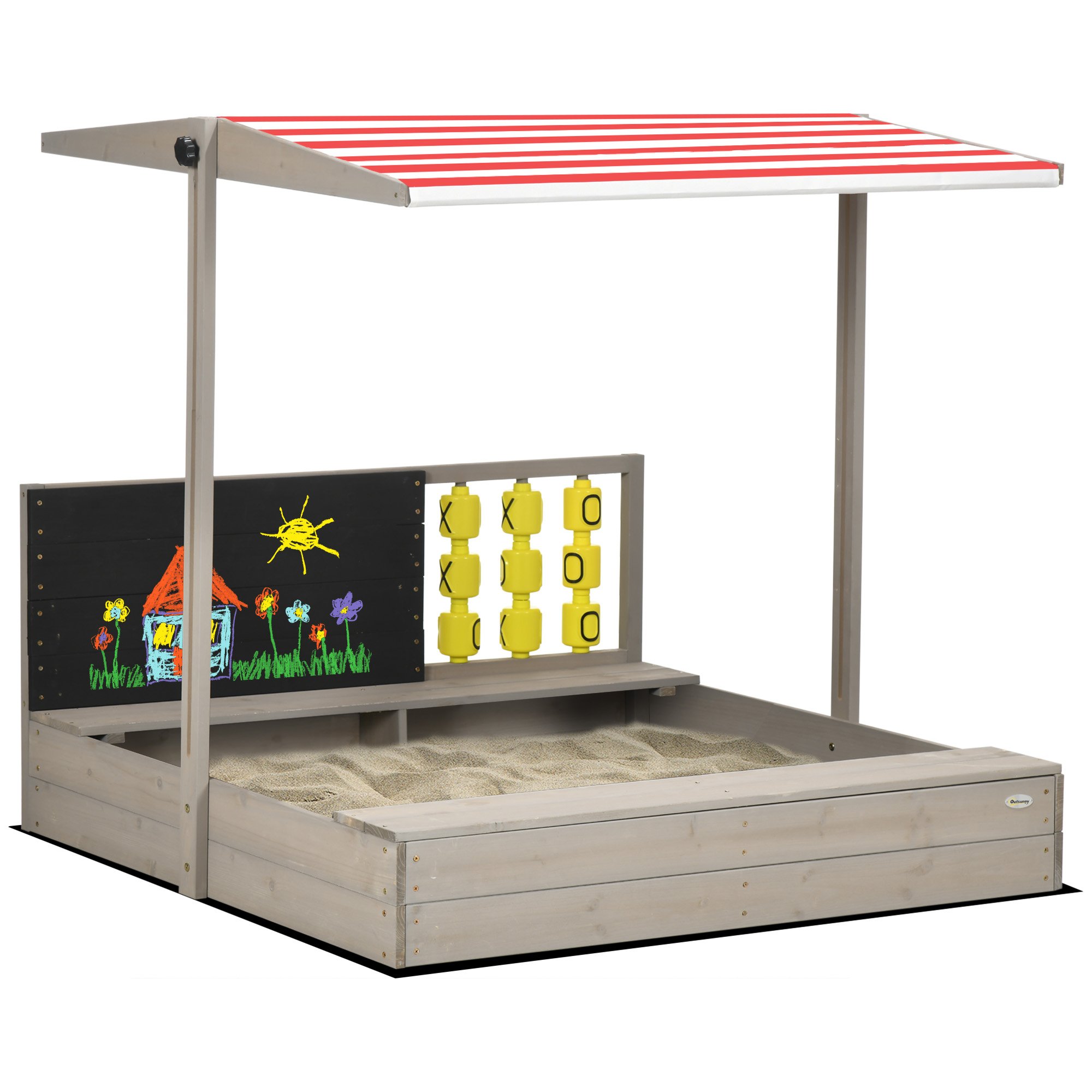 Outsunny Wooden Sand Pit Kids Sandbox with Non Woven Fabric Two Seats - Grey