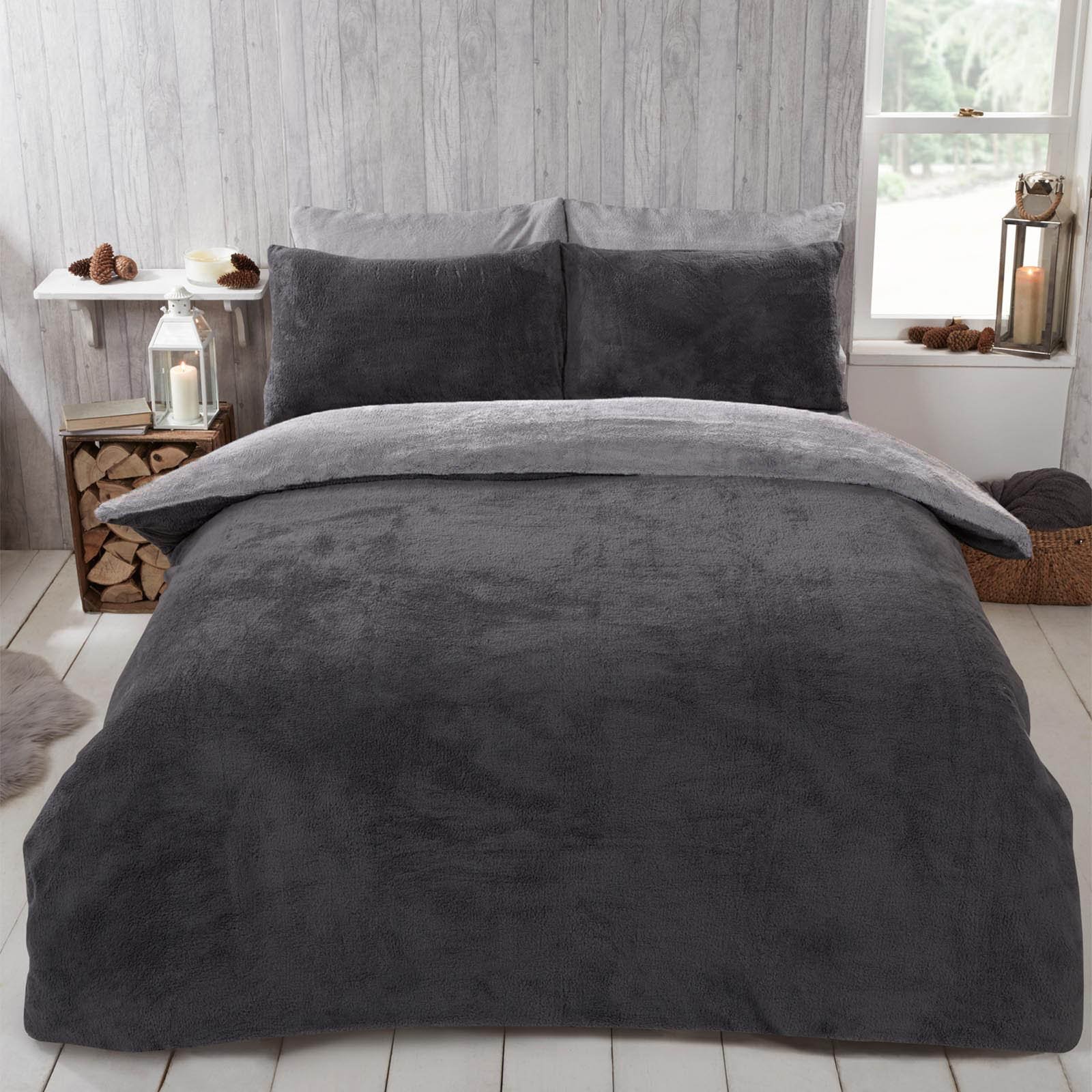 OHS Reversible Teddy Duvet Cover Set Charcoal/Grey - Super King