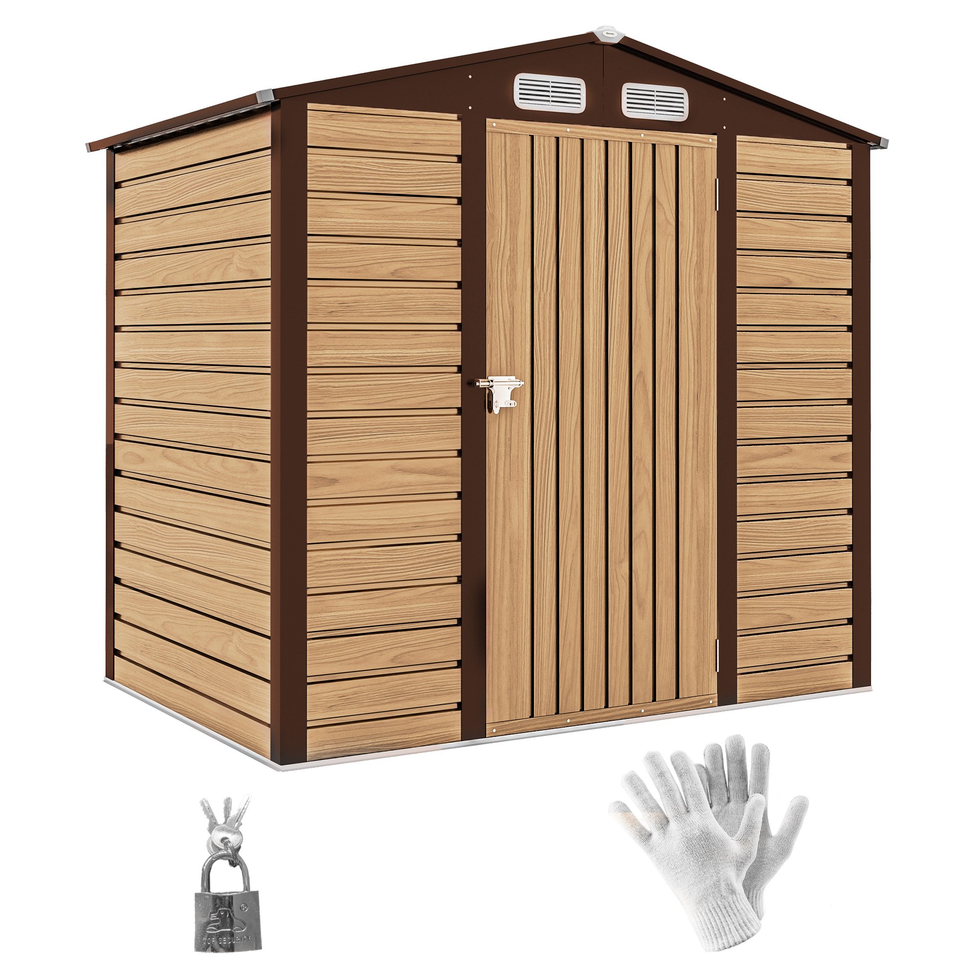 Outsunny Metal Garden Shed with Lockable Door and Vents - Oak
