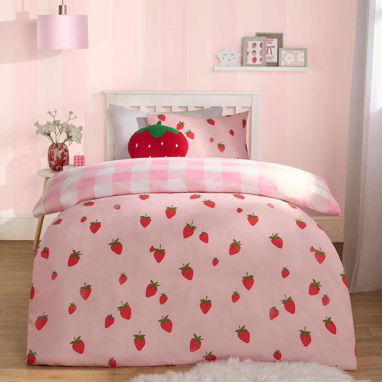 OHS Strawberry Duvet Cover Set Bed Check Gingham Bedding Pink - Double