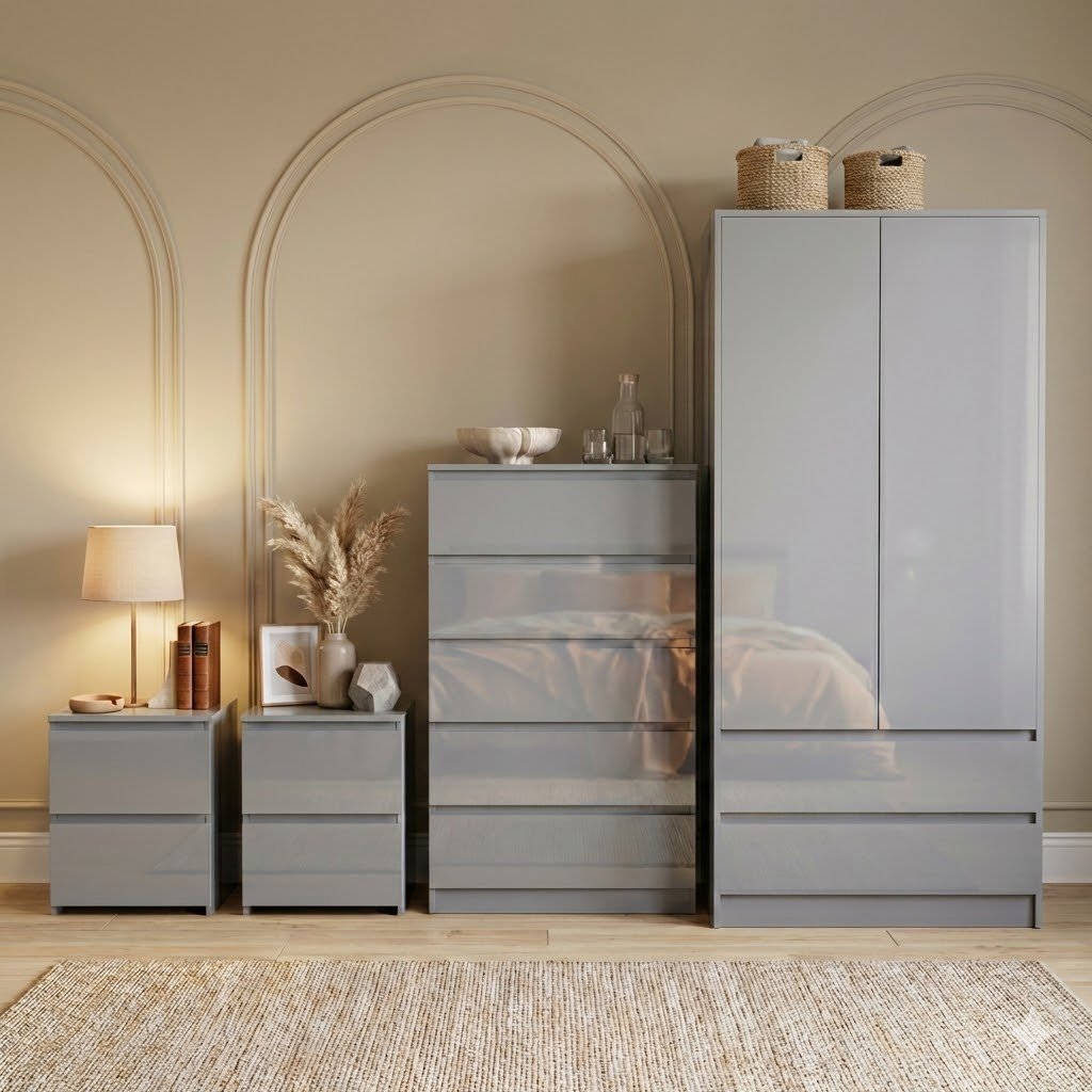 Vida Designs Glinton Bedroom Set (2x Bedside, 5 Drawer Chest, Wardrobe) - Grey