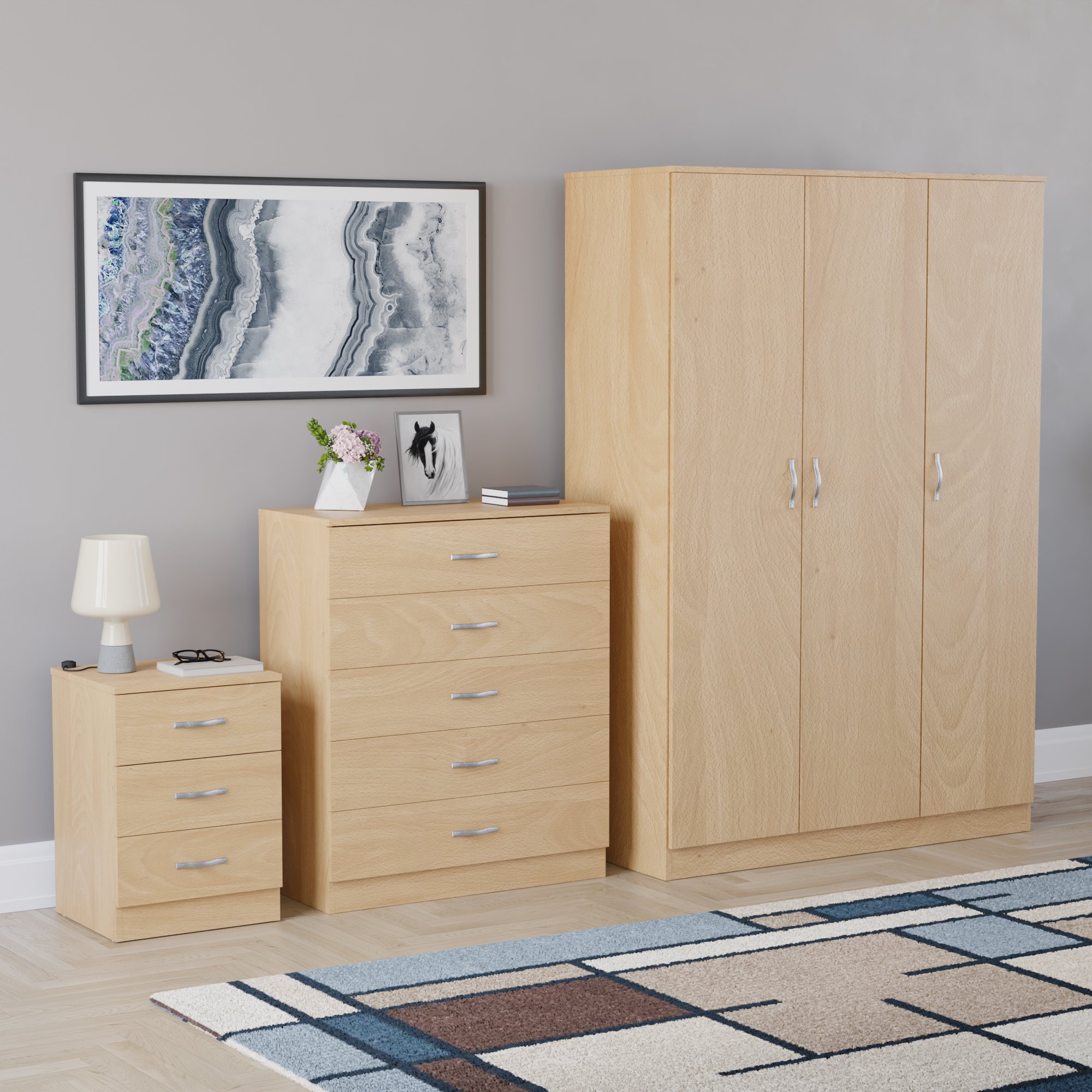 Vida Designs Riano Bedroom Set (Bedside, 5 Drawer Chest, 3 Door Wardrobe) - Pine