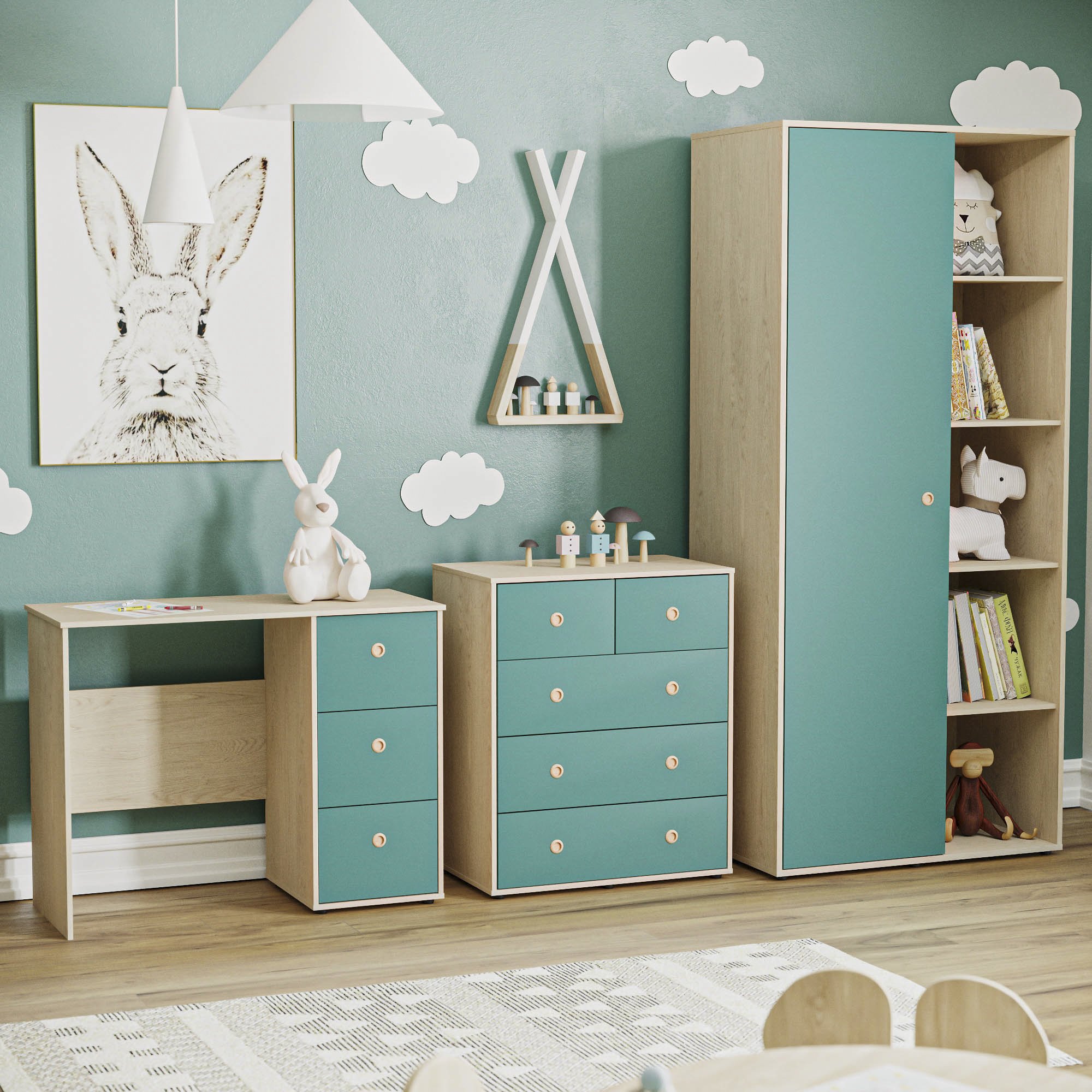 Junior Vida Neptune Bedroom Set (Desk, Drawer Chest, Wardrobe) - Blue & Oak
