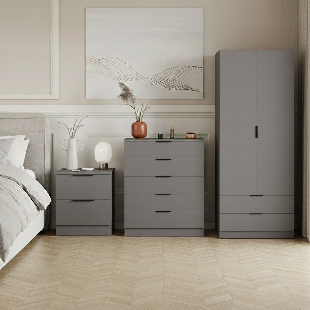 Vida Designs Trega Bedroom Set (Bedside, 5 Drawer Chest, 2x2 Wardrobe) - Grey