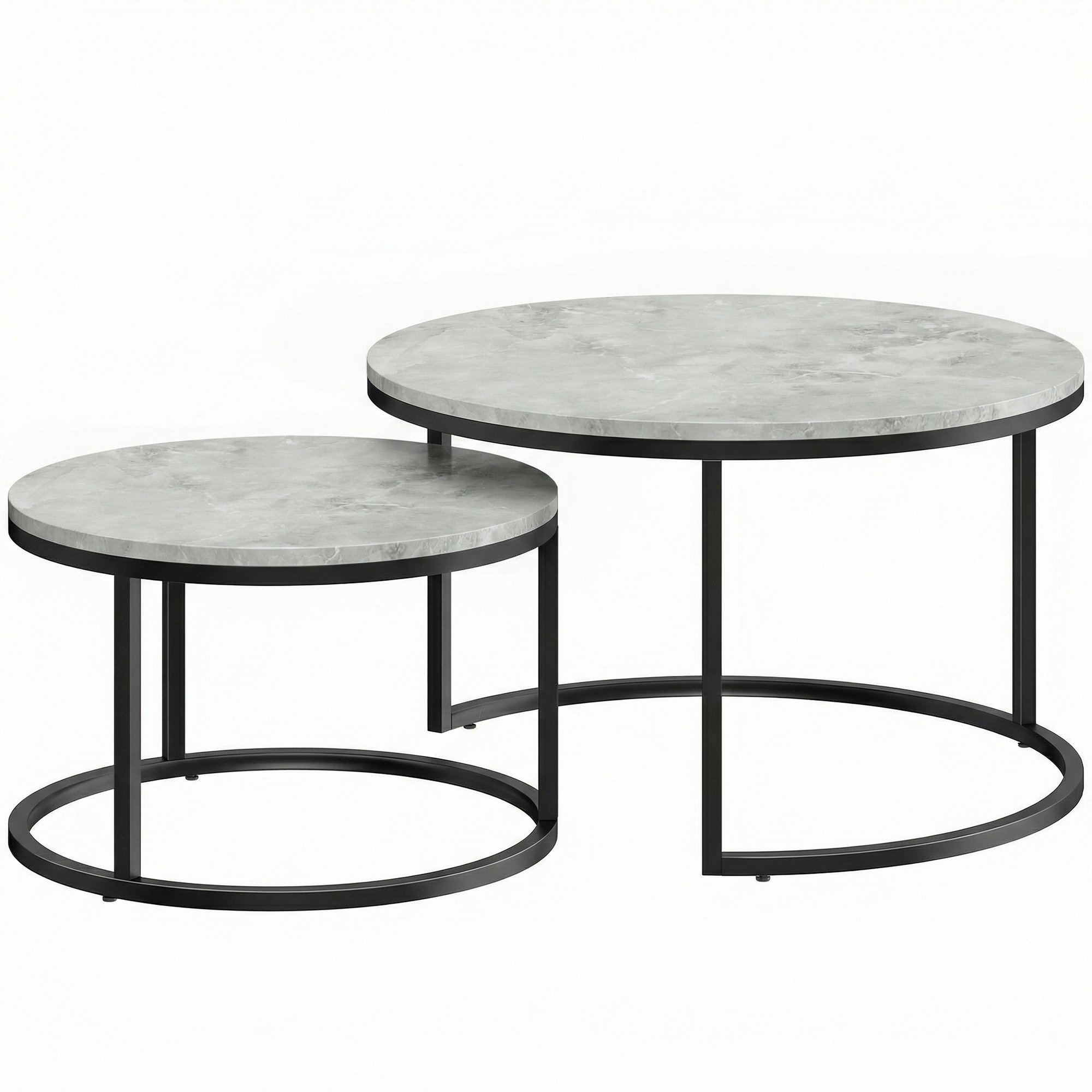 HOMCOM Round Coffee Table Set of 2 with Steel Frame - Marble Grey