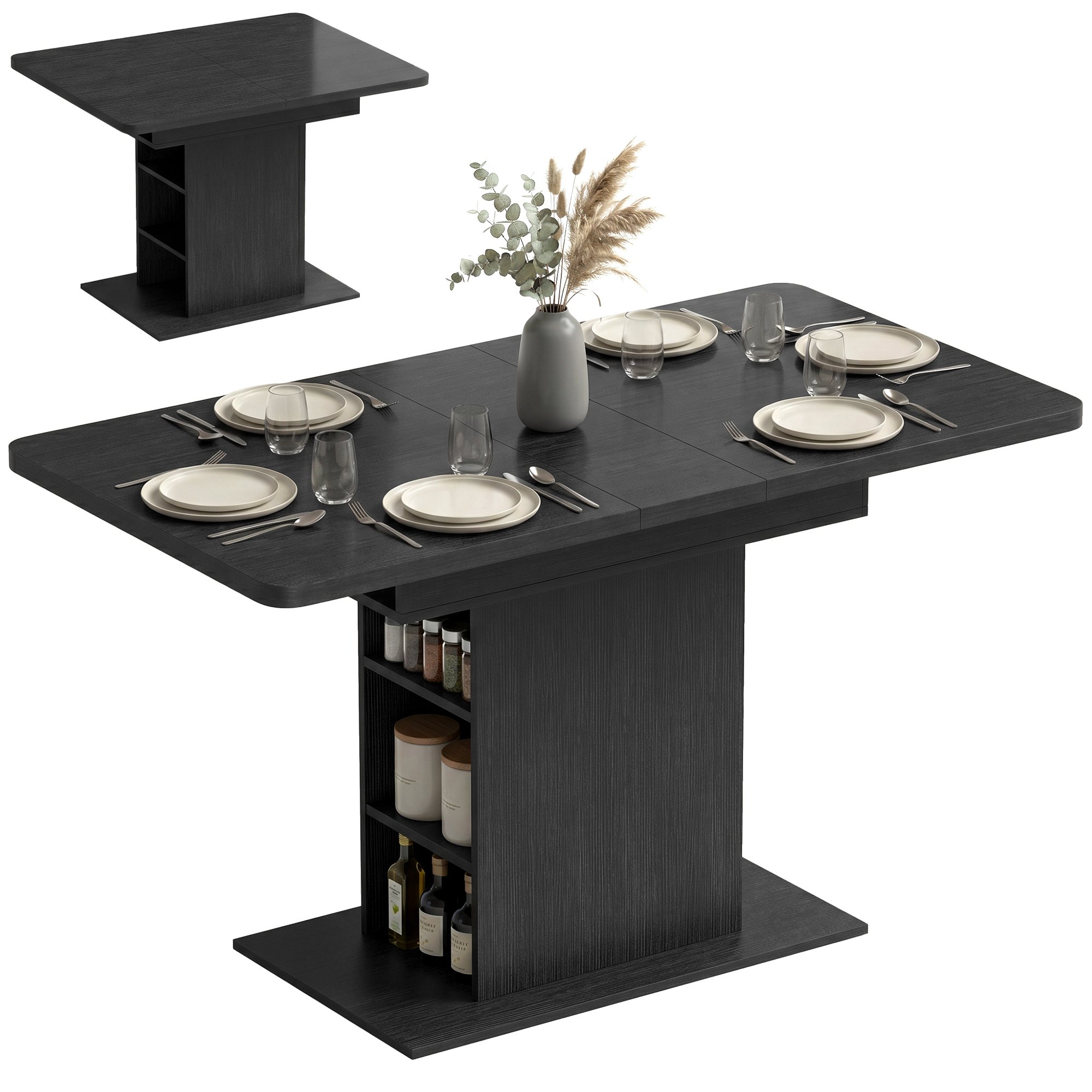 HOMCOM Extendable Dining Table with 6 Open Shelves - Black