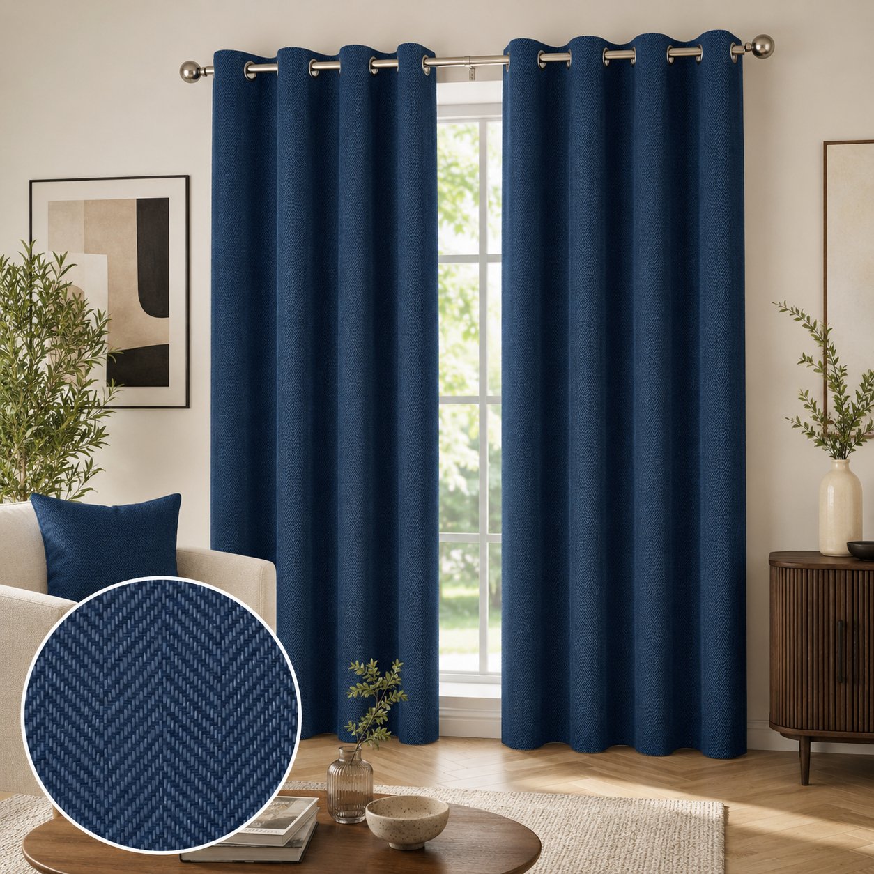 Enhanced Living Harrow Herringbone Thermal Curtains - 168 x 229cm - Navy
