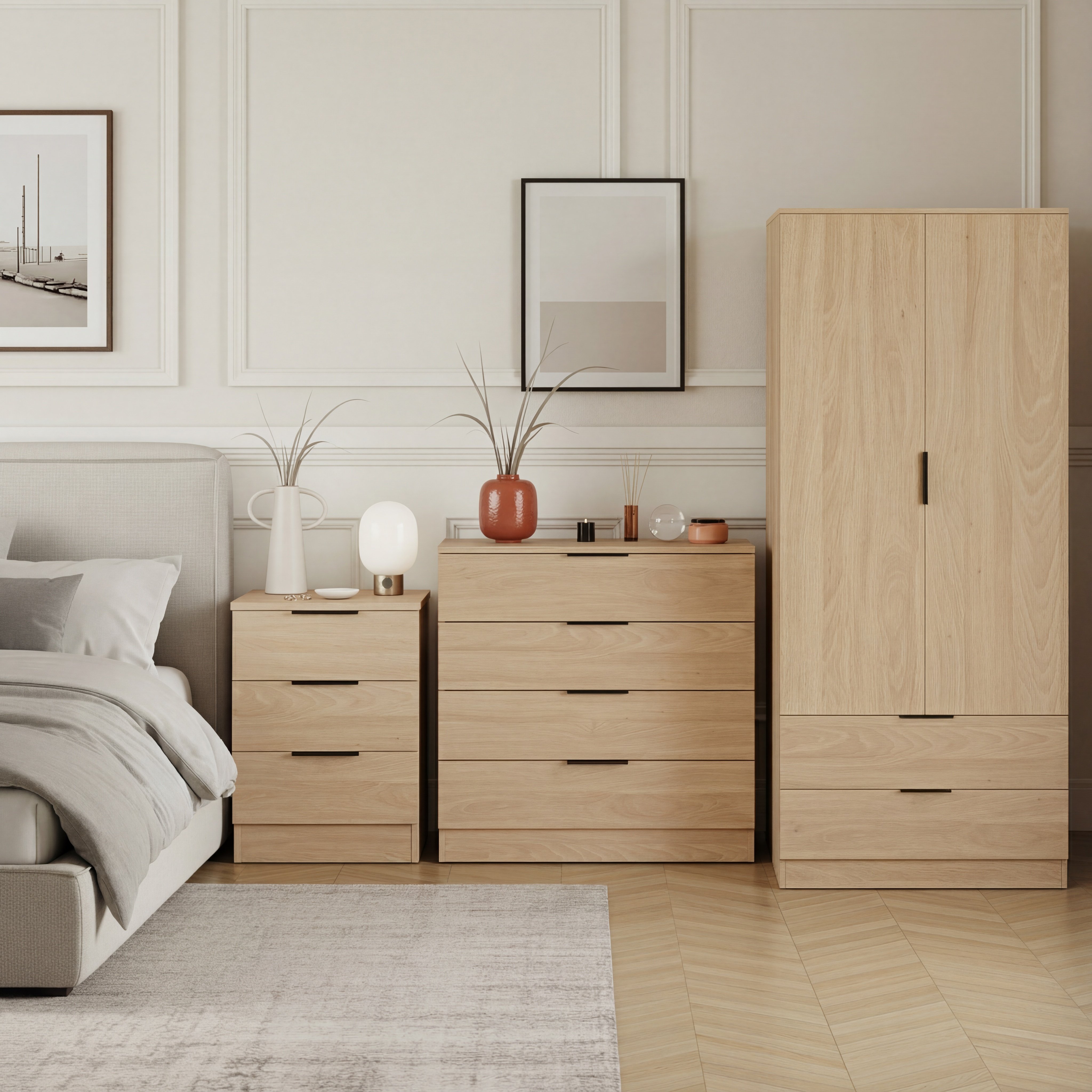 Vida Designs Trega Bedroom Set (Bedside, 4 Drawer Chest, 2x2 Wardrobe) - Pine