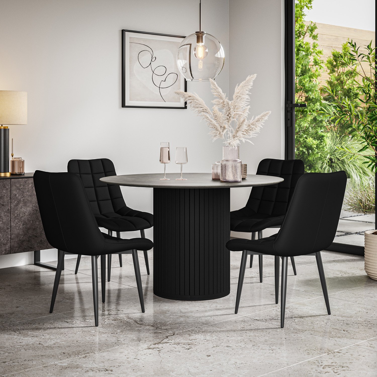 Furniture Online Arlo Nova Concrete Top w Blk Legs Dining Table & 6 Black Chairs