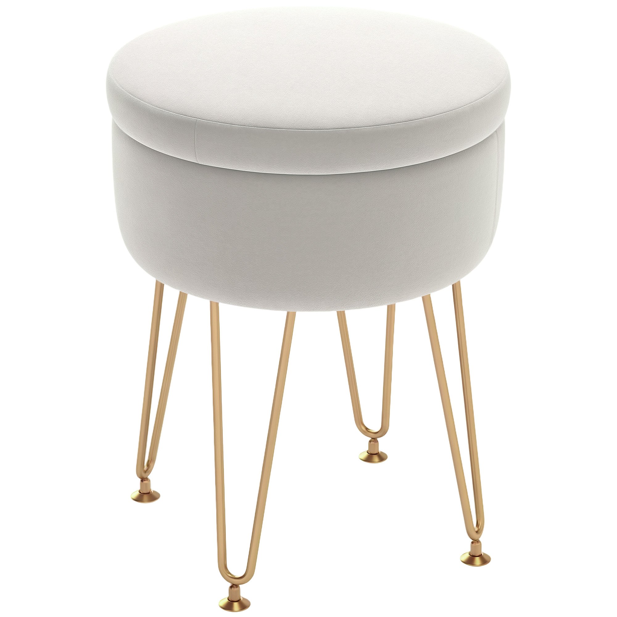 HOMCOM 5L Round Velvet Storage Ottoman - Cream White