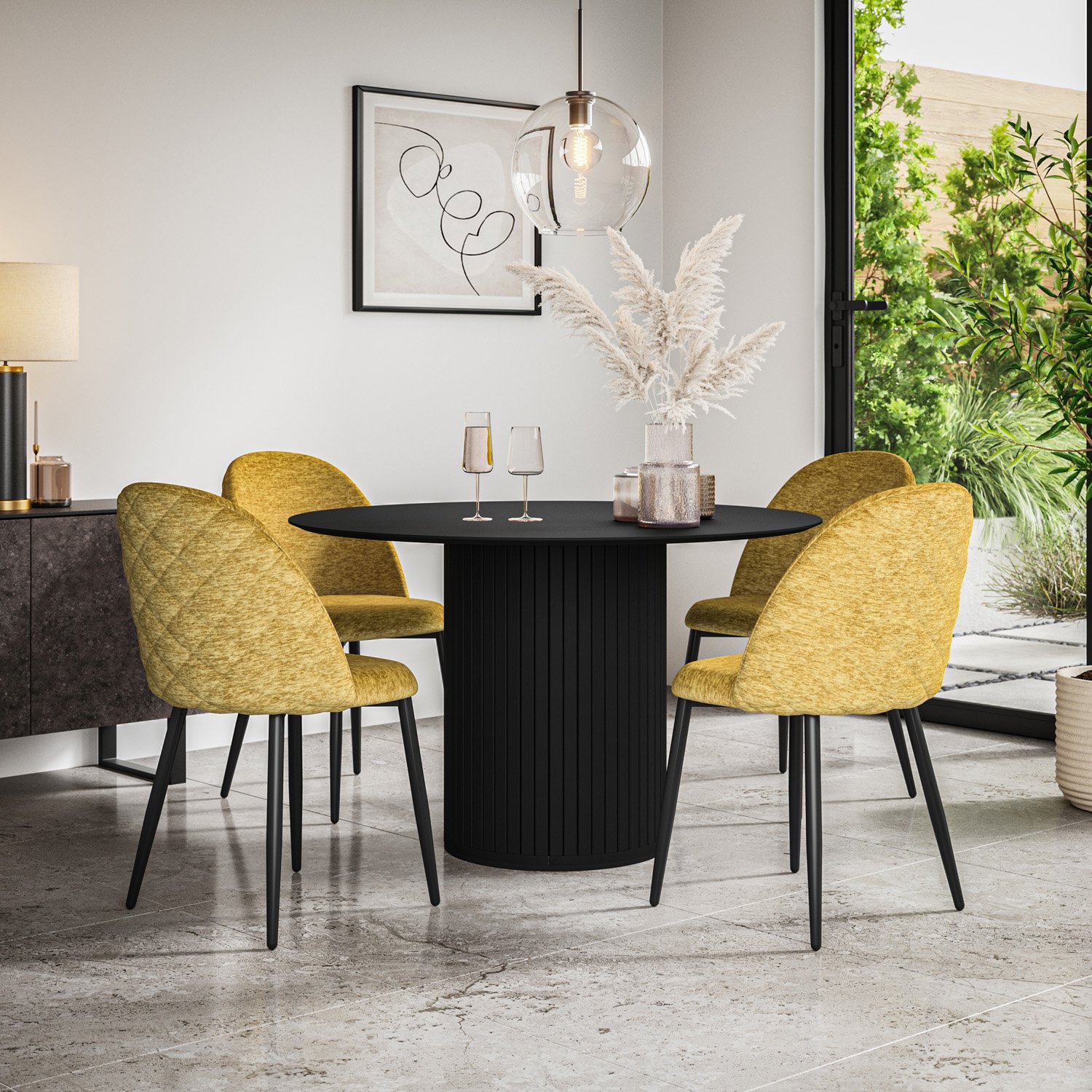 Furniture Online Arlo Raye Black Top w Blk Legs Dining Table & 6 Mustard Chairs