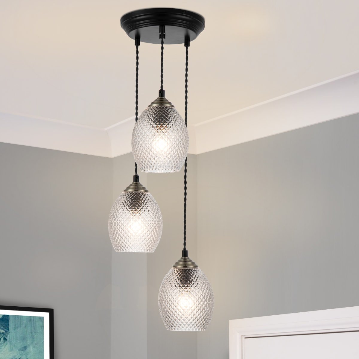 Cosylyte Lorne 3 Light Modern Faceted Glass Pendant Light - Matt Black Base