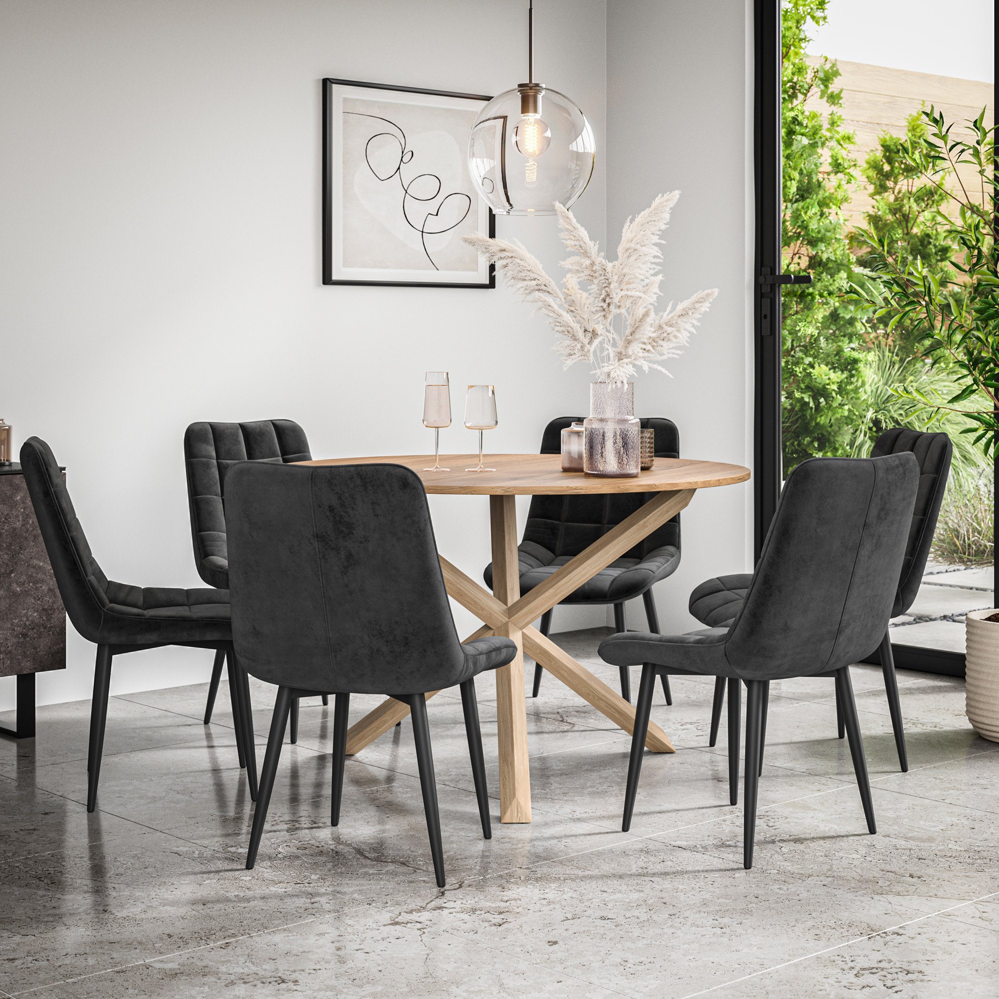Furniture Online Malvern Nova Oak Table Dining Table & 6 Black Chairs