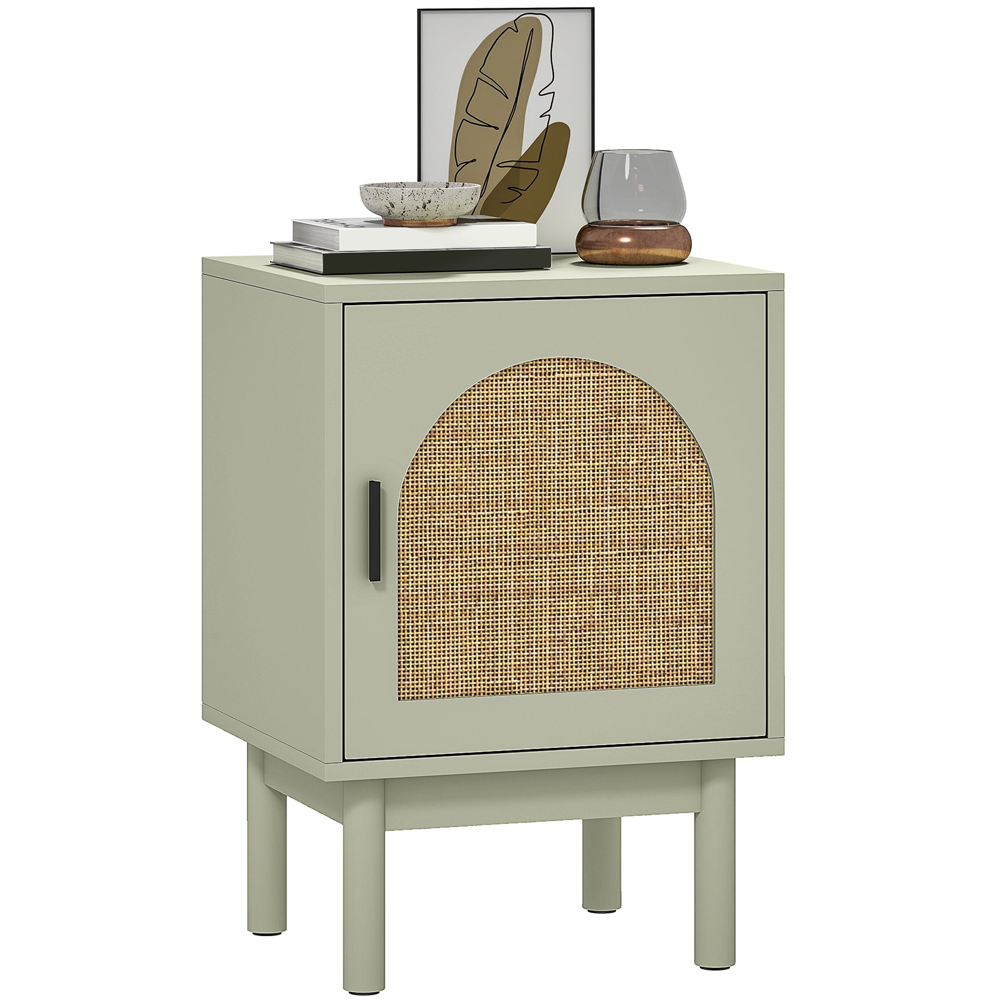 HOMCOM Rattan Bedside Table with Solid Wood Legs - Light Green