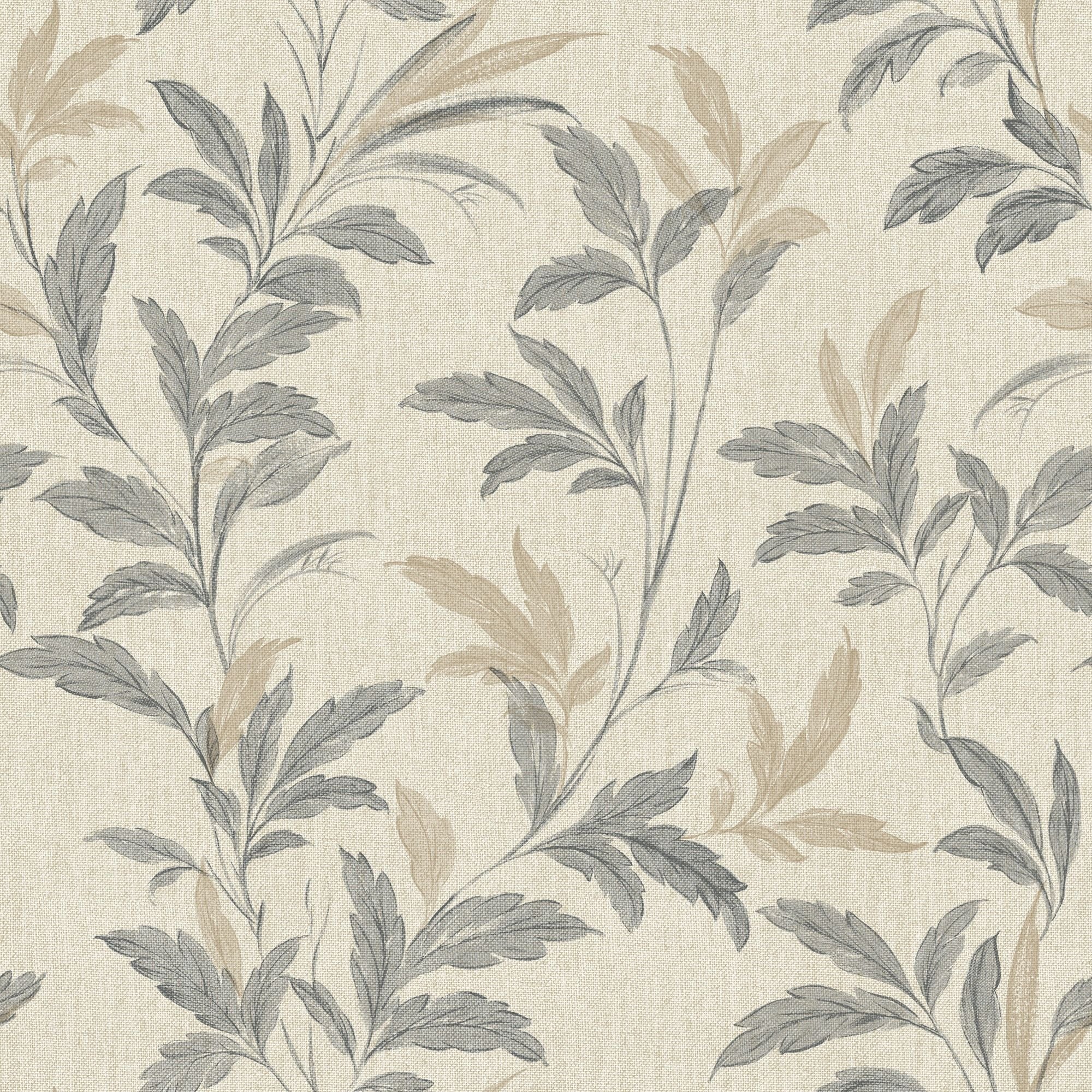Grandeco Organic Leaf Trail Linen Textured Wallpaper - Grey Beige