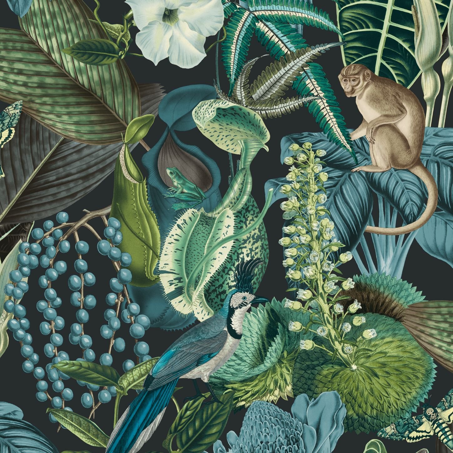 Grandeco Amazon Botanical Wildlife Jungle Textured Wallpaper - Green Blue Teal