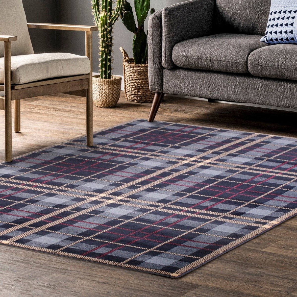 Mega Flooring Blue Modern Chequered Rug - 160 x 225cm