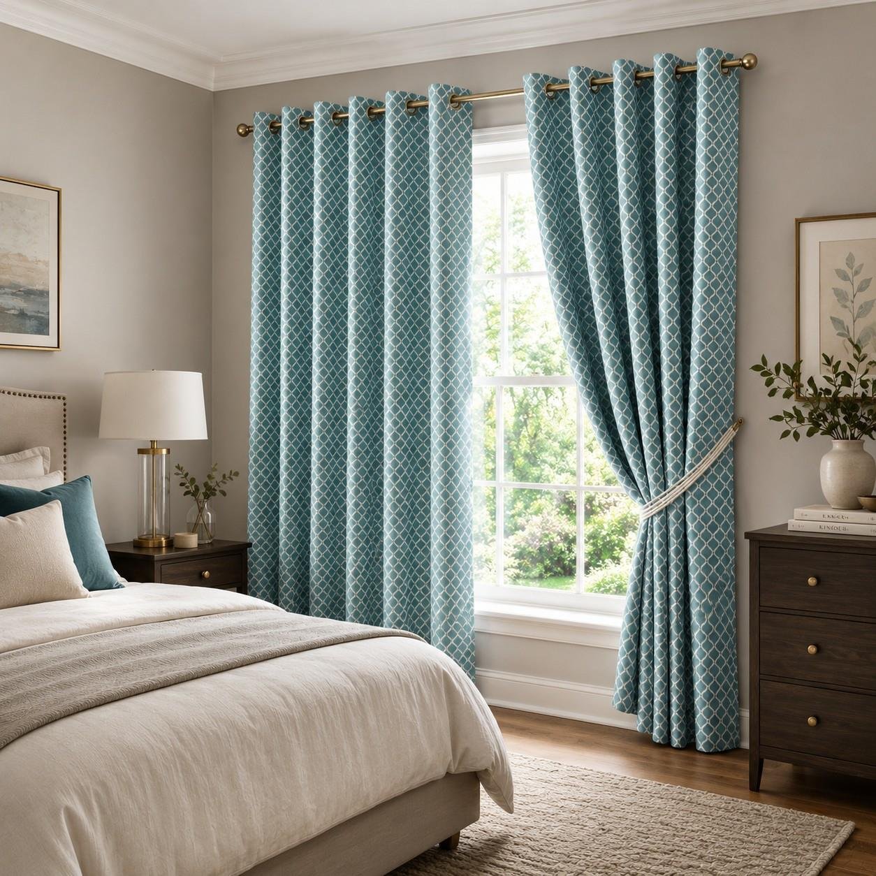 Luxury Living Geometric Eyelet Lined Curtains 117cm x 229cm - Teal