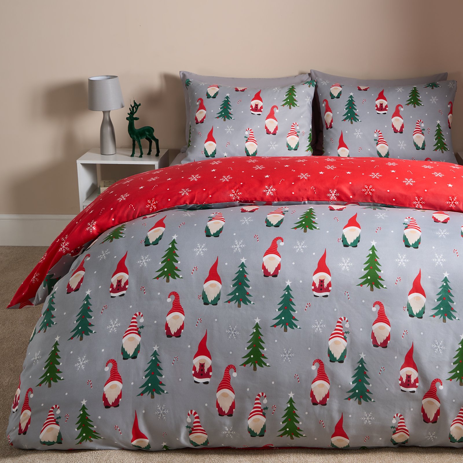 OHS Christmas Prints Microfibre Duvet Cover Set Bedding Grey - Double