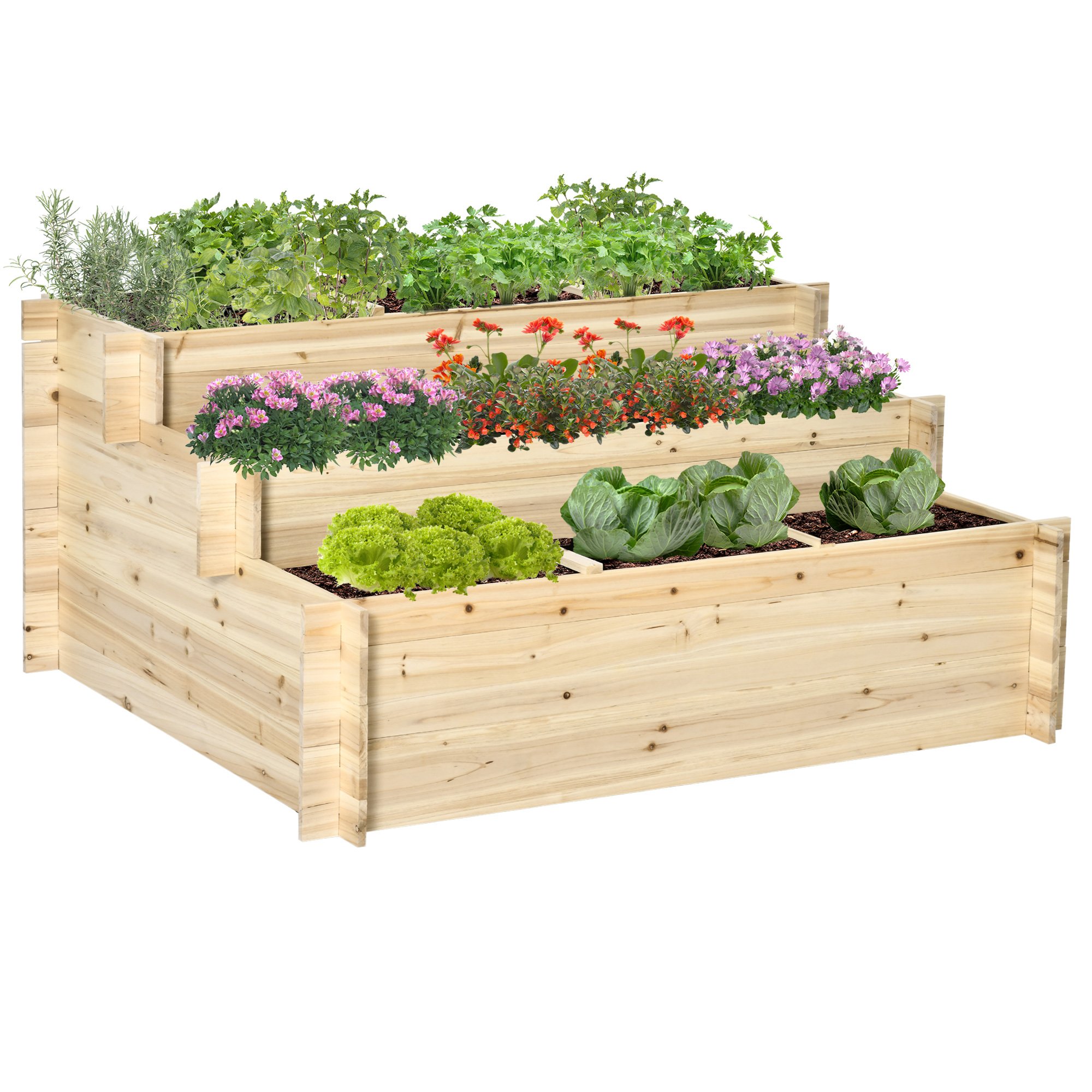 Outsunny 3 Tier 376L Fir Wood Raised Garden Bed - Natural Wood