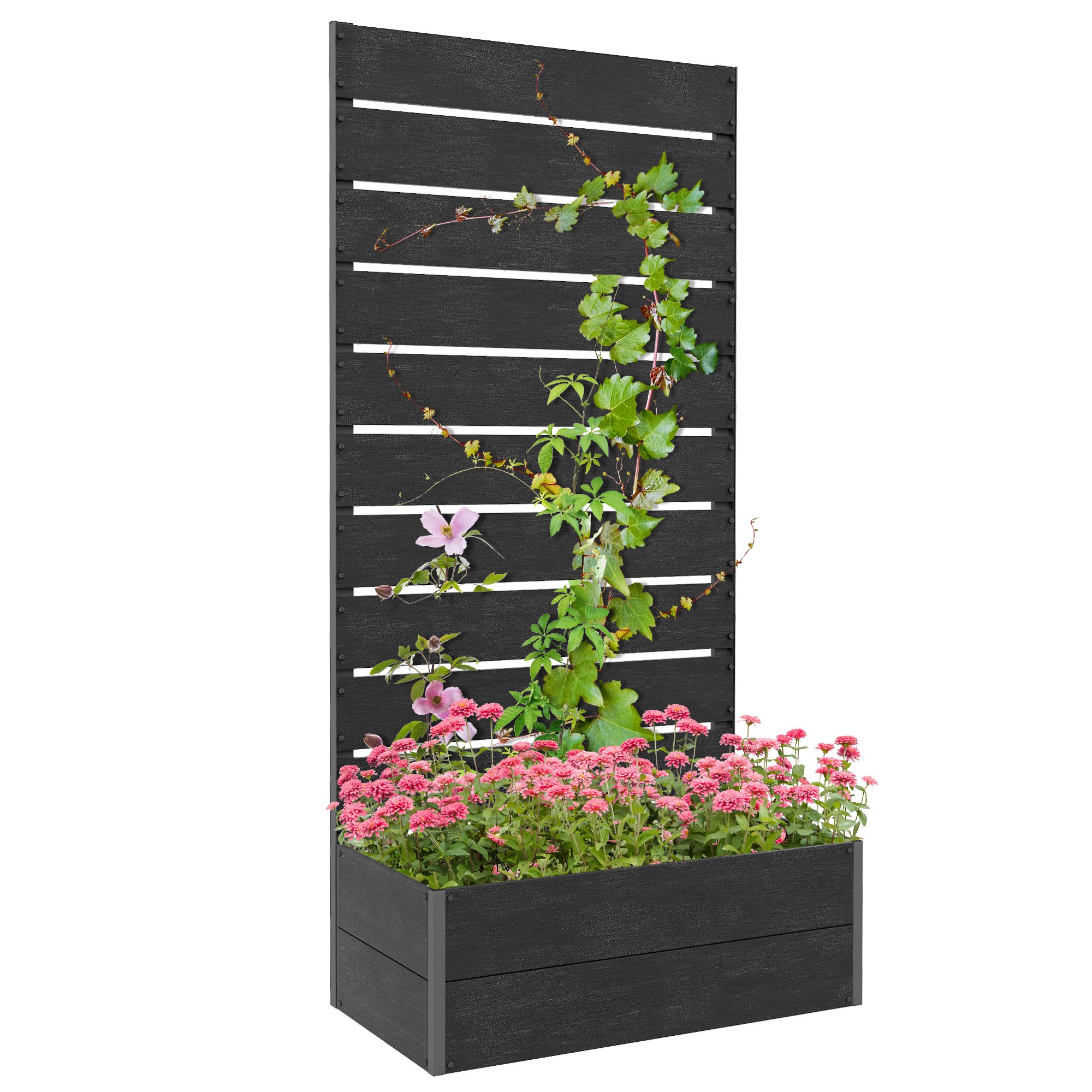 Outsunny Freestanding Garden Raised Planters with Trellis - Black