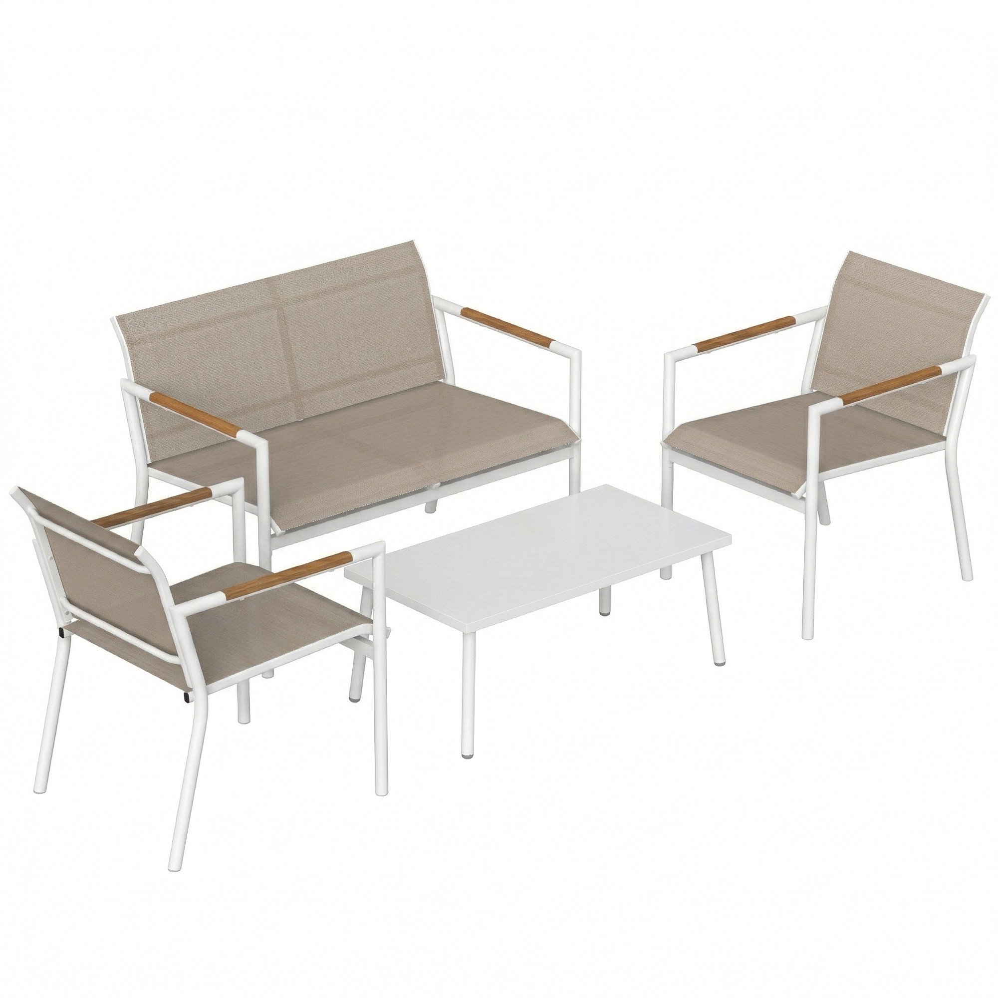Outsunny 4 Seater Metal Garden Furniture Set with Breathable Mesh Seats - Khaki