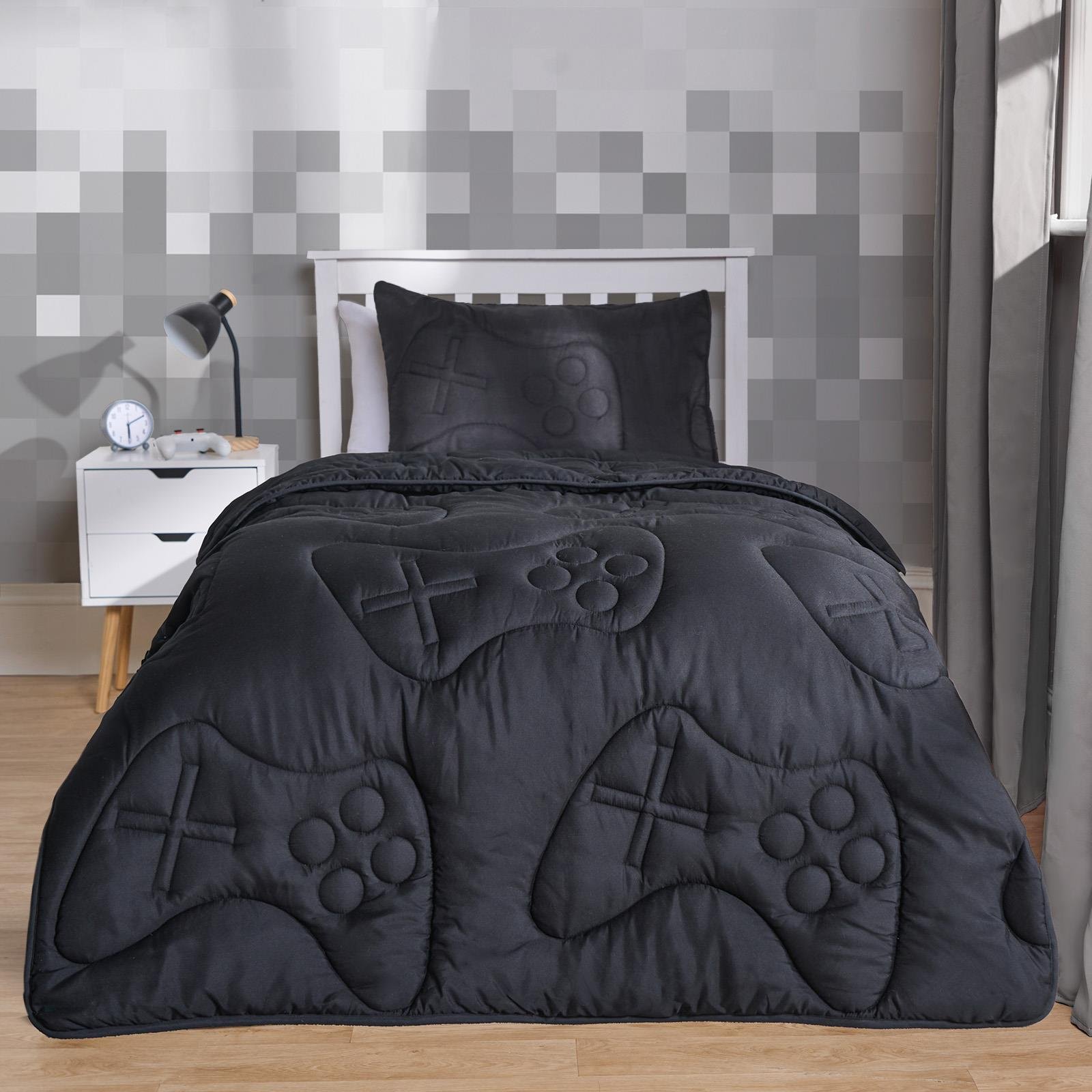 OHS Kids Quilted Gaming 7.5 Tog Coverless Duvet Set Black - Single