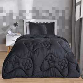 OHS Kids Quilted Gaming 7.5 Tog Coverless Duvet Set Black - Single