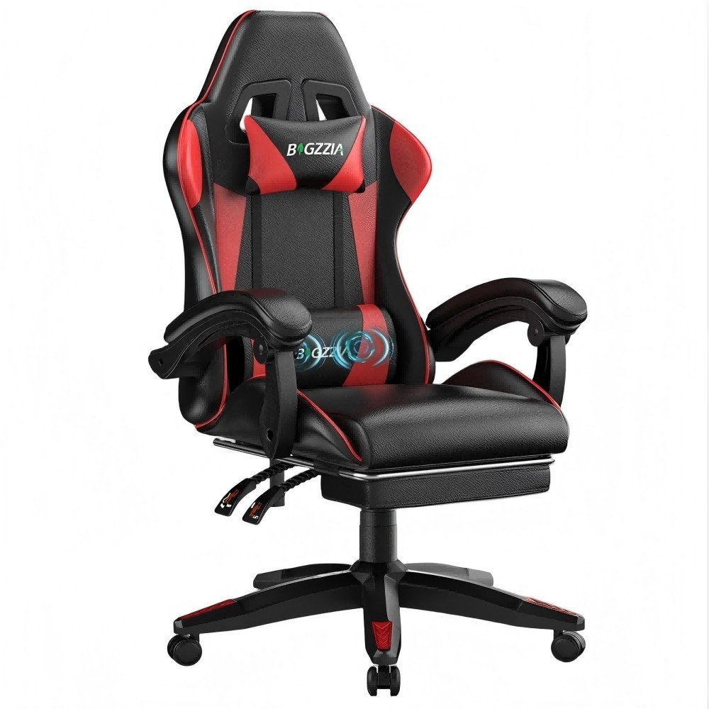 Rattantree Ergonomic Massage Gaming Chair with Footrest - Red & Black