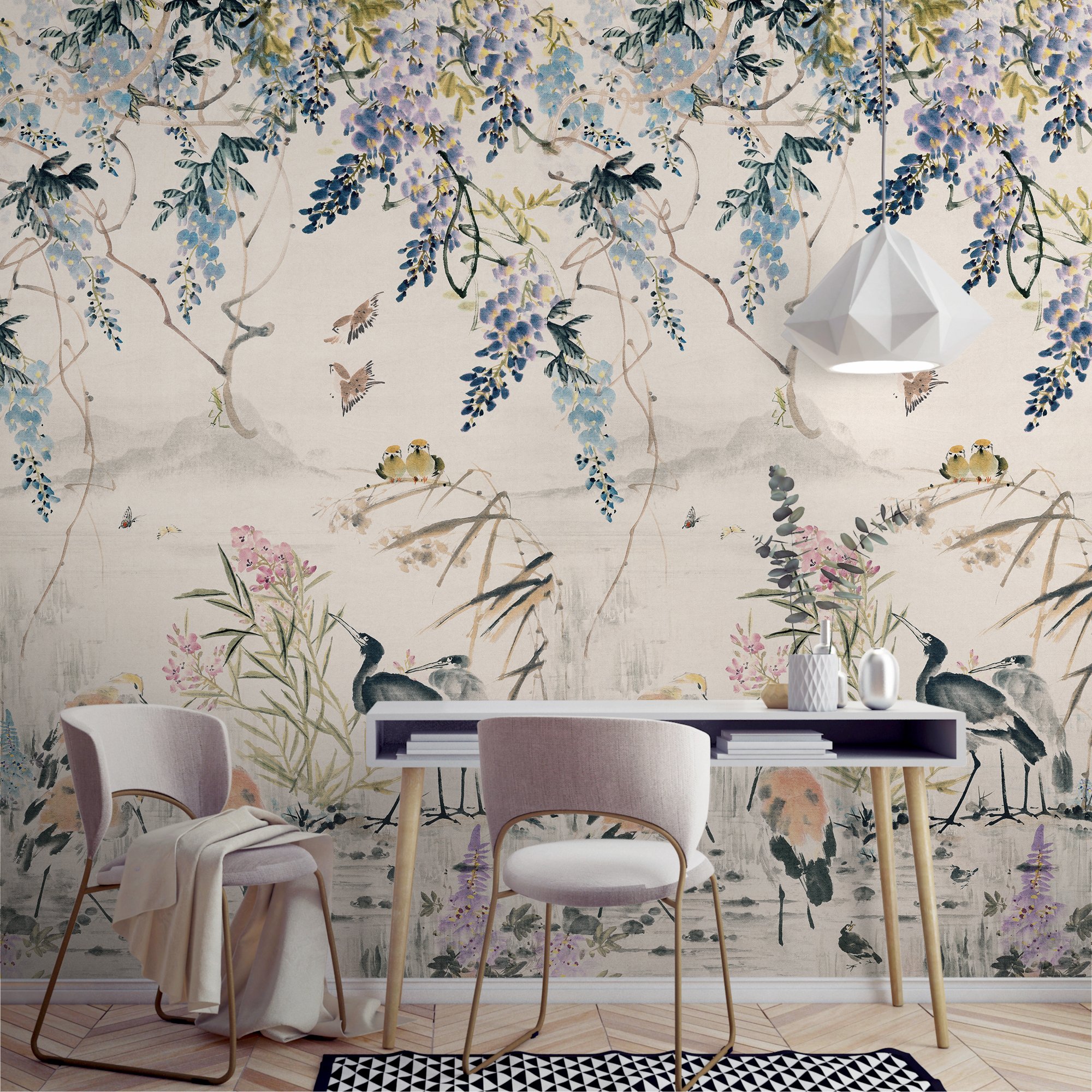 Grandeco Japanese Crane 3 lane Repeatable Textured Wallpaper Mural  - Neutral