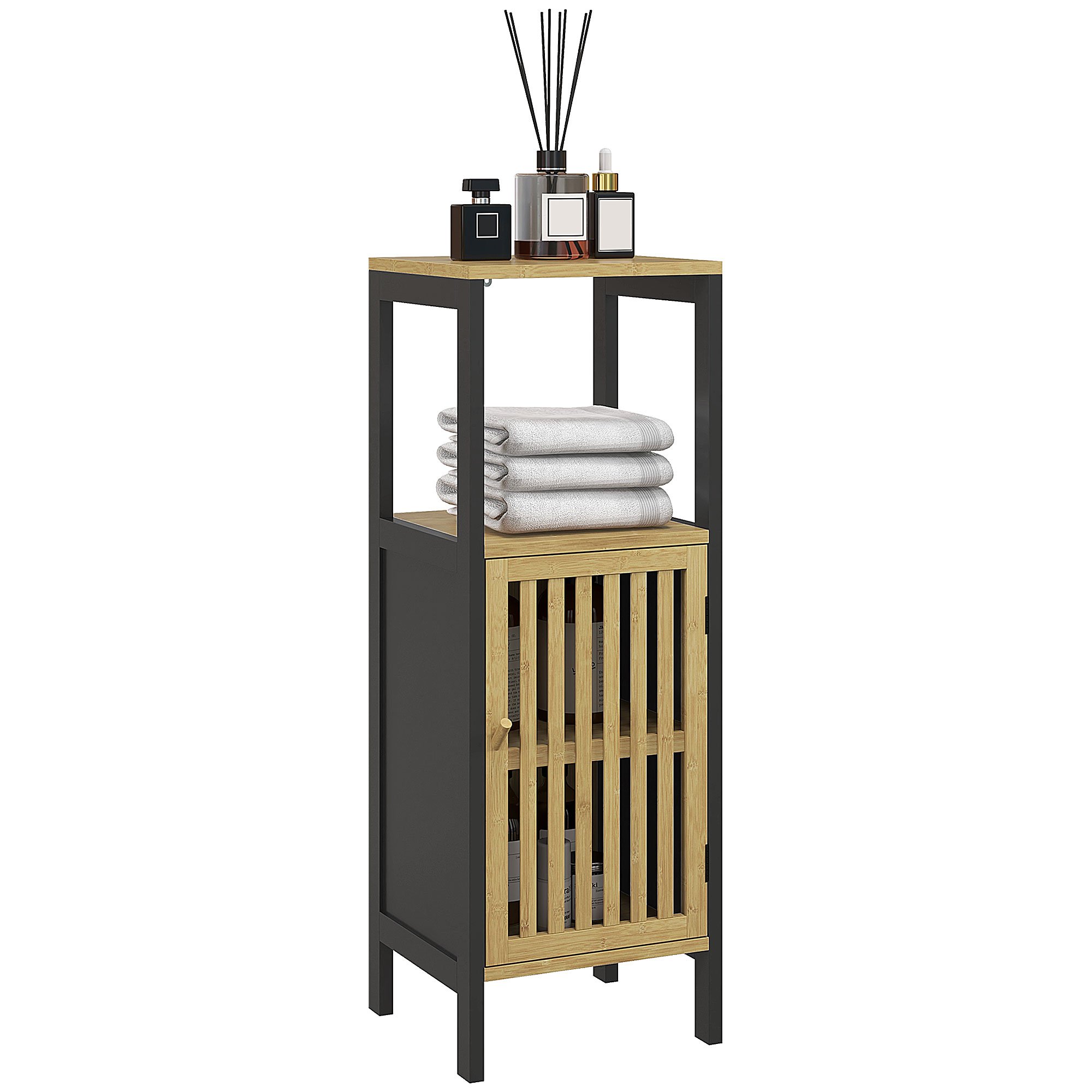 HOMCOM Bamboo Bathroom Cabinet with Compartment and Adjustable Shelf - Black