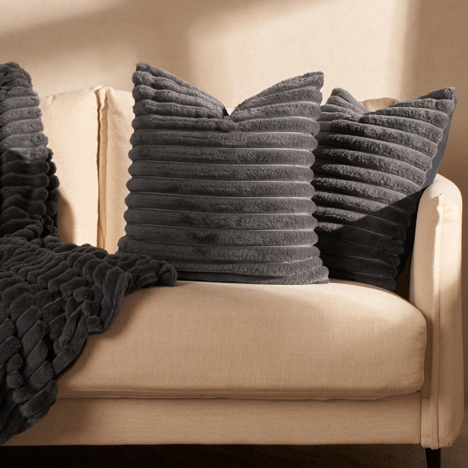 OHS 2 Pack Faux Fur Thick Rib Cushion Covers 45 x 45cm - Charcoal