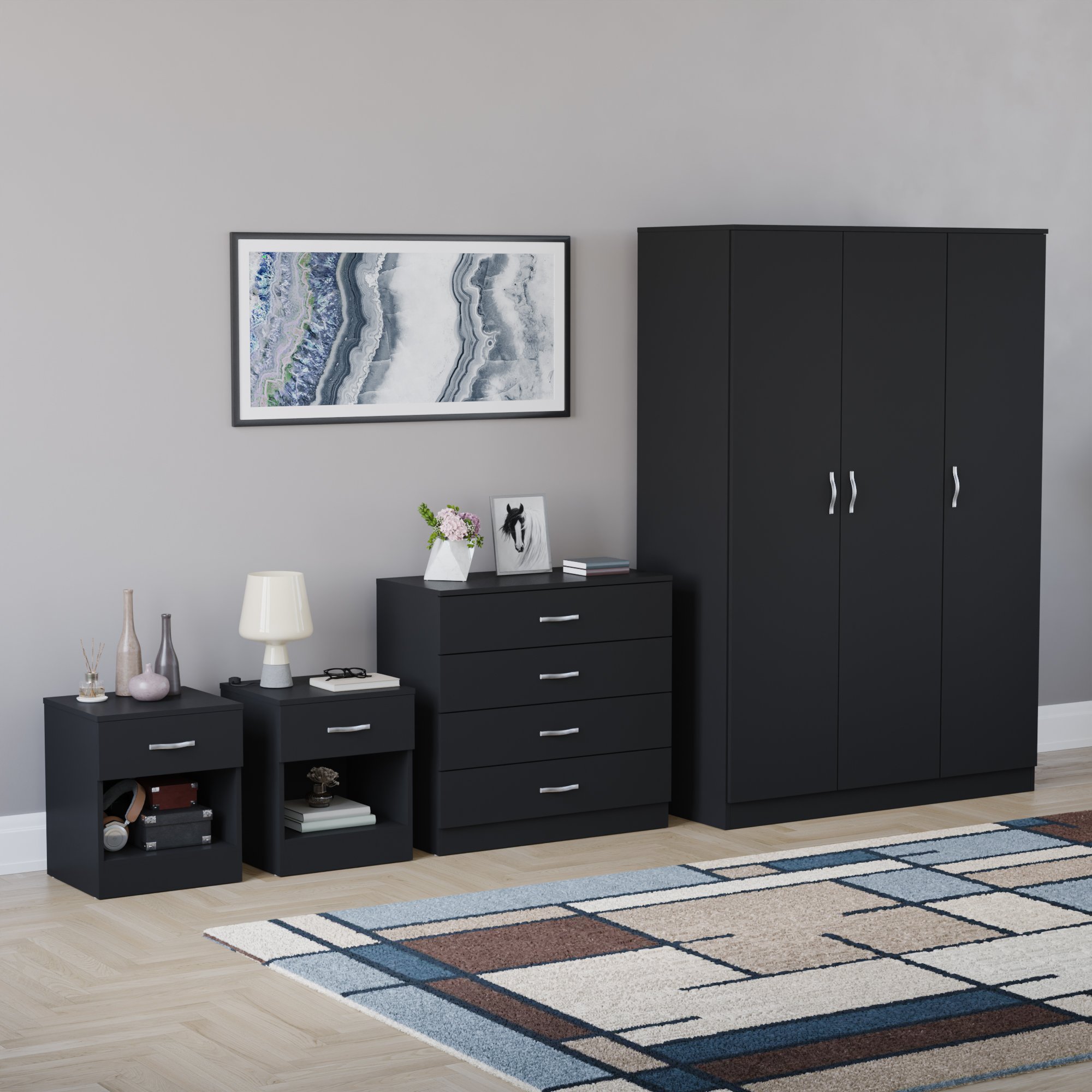 Vida Designs Riano Bedroom Set (Bedsides, 4 Drawer Chest, 3 Door Wardrobe)-Black