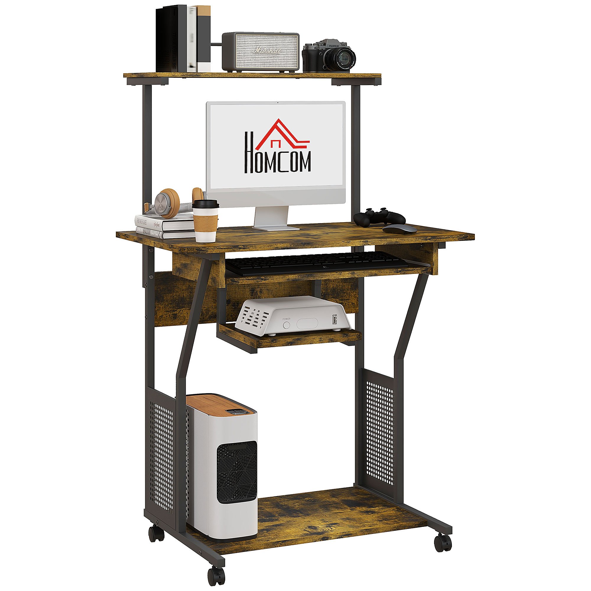 HOMCOM Mobile Computer Desk with Keyboard Tray - Rustic Brown