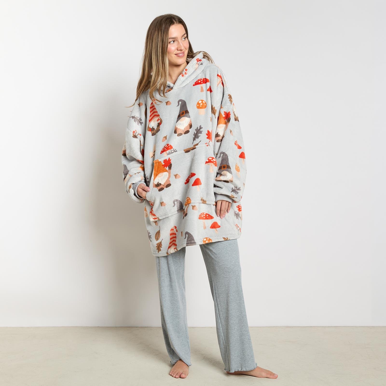 OHS Autumn Print Hoodie Blanket - One Size - Grey