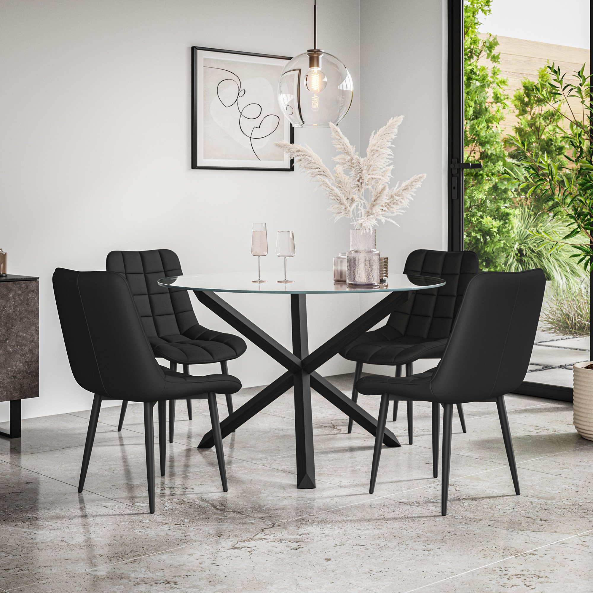 Furniture Online Malvern Nova Glass Top Dining Table & 4 Black Chairs