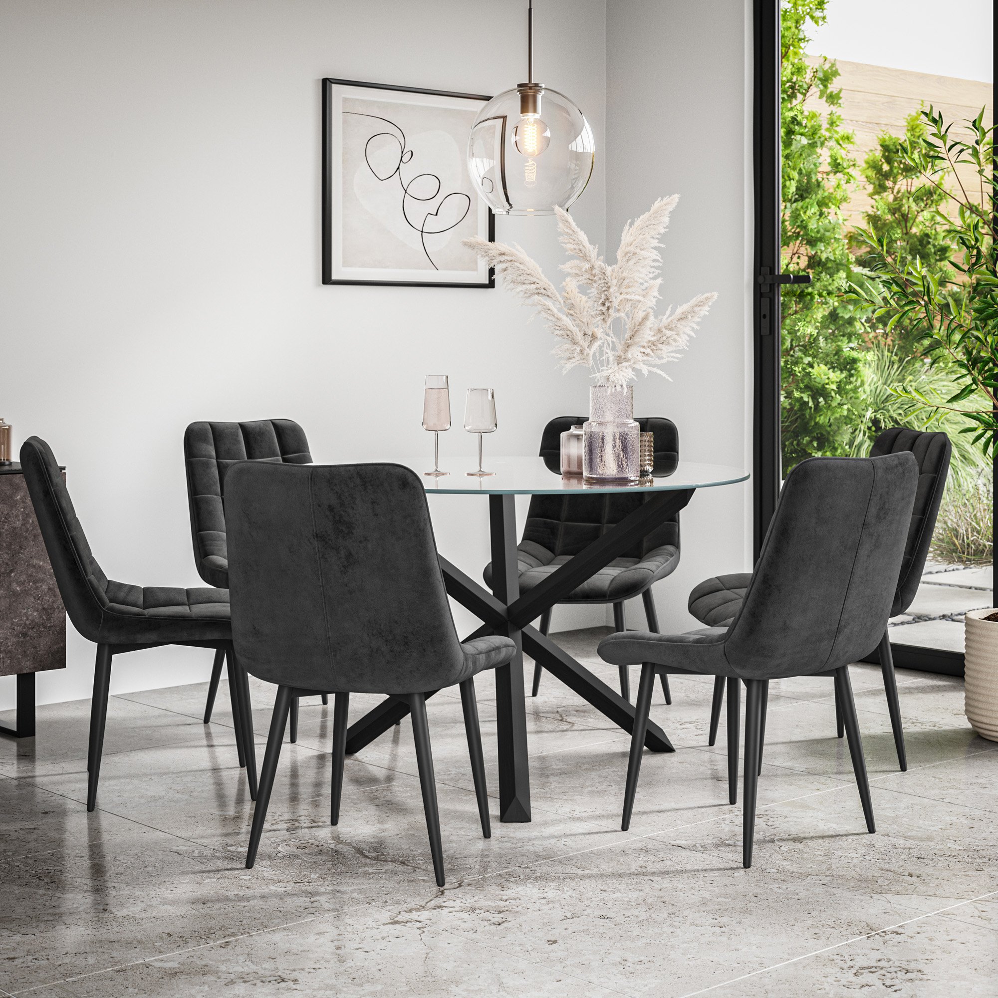 Furniture Online Malvern Nova Glass Top Dining Table & 6 Black Chairs
