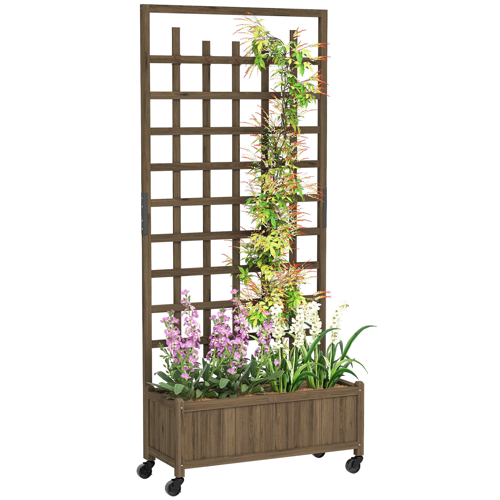 Outsunny Privacy Screen Wooden Garden Planters with Trellis - Brown