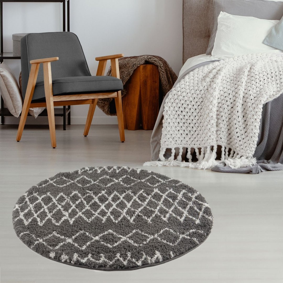 The Rugs Dark Grey Moroccan Shaggy Tangier Round Rug - 120cm
