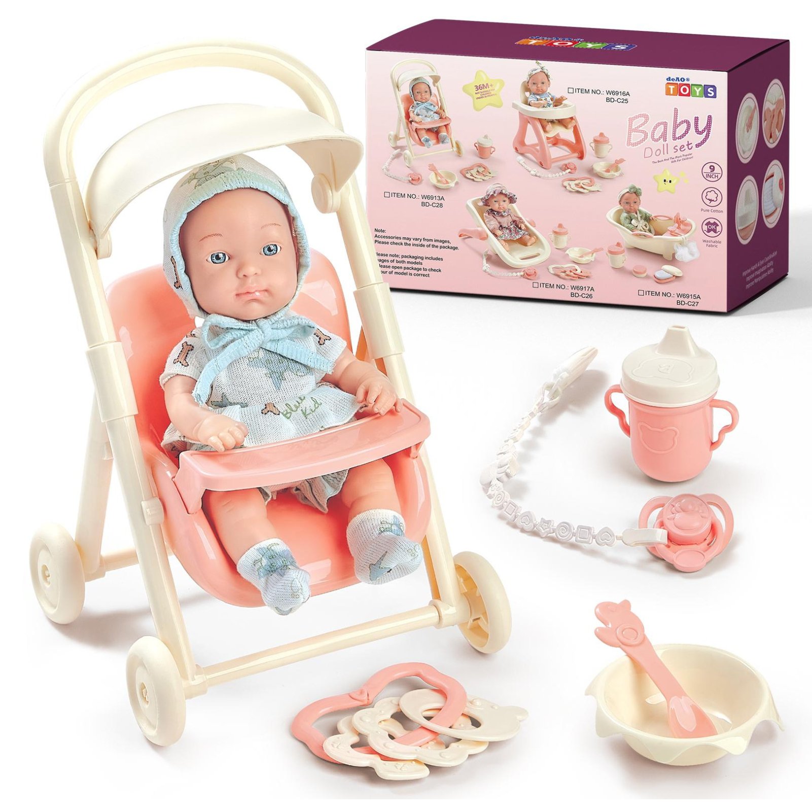 deAO Mini Walker Stroller Doll Set Toy