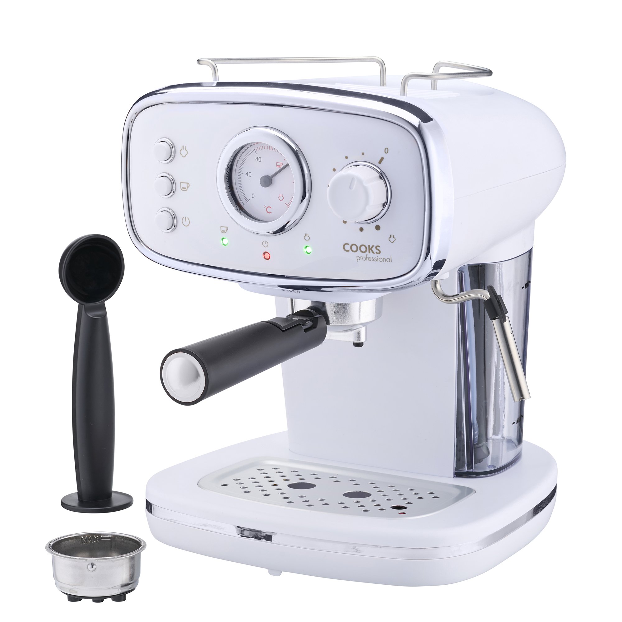 Cooks Professional Retro Espresso Machine 1.2L with Steam Wand - White/Silver