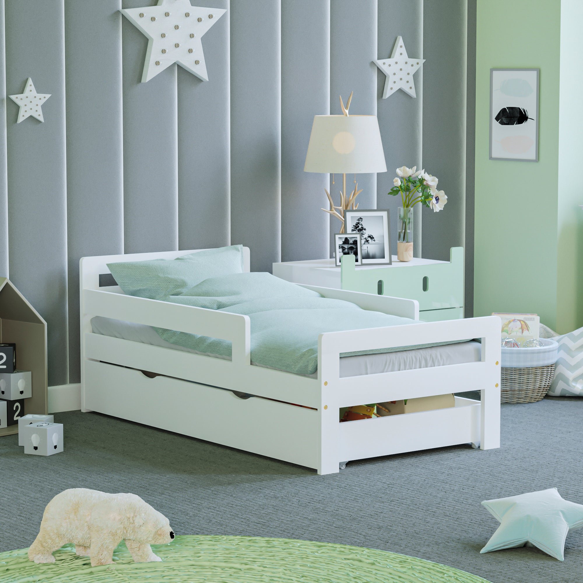 Junior Vida Taurus Solid Pine Toddler Bed With Underbed Storage Drawer - White