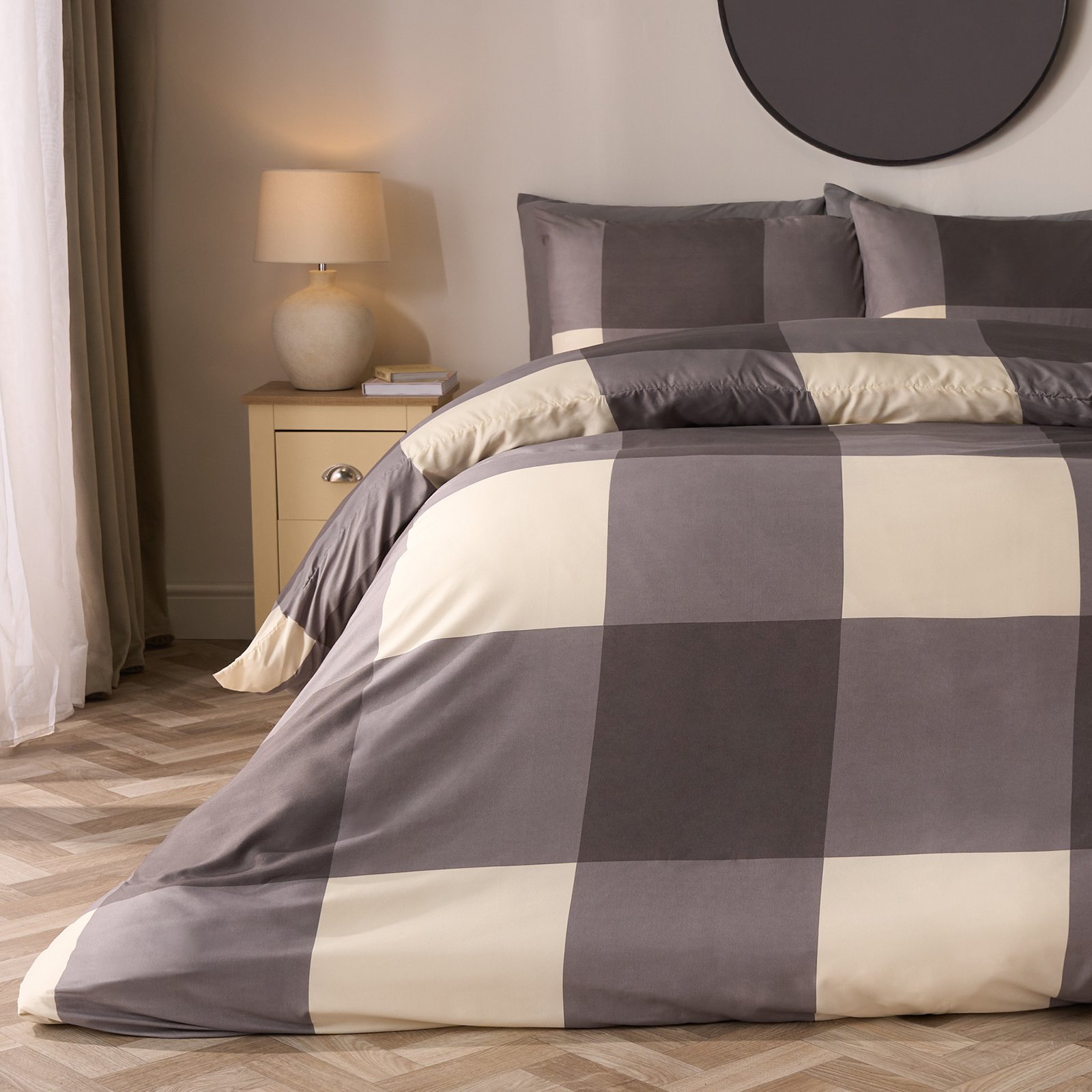 OHS Gingham Check Duvet Cover Set Grey - Double